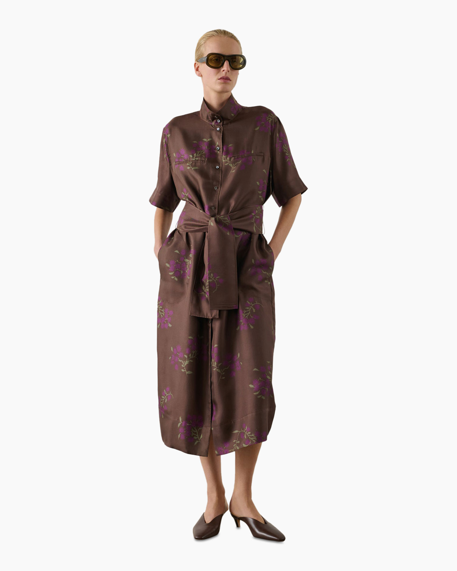 dress, linen, brown, floral, belted