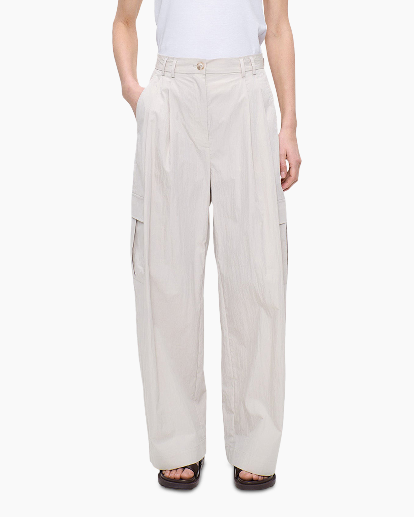 pants, cargo pockets, wide leg, beige, drawstring not visible