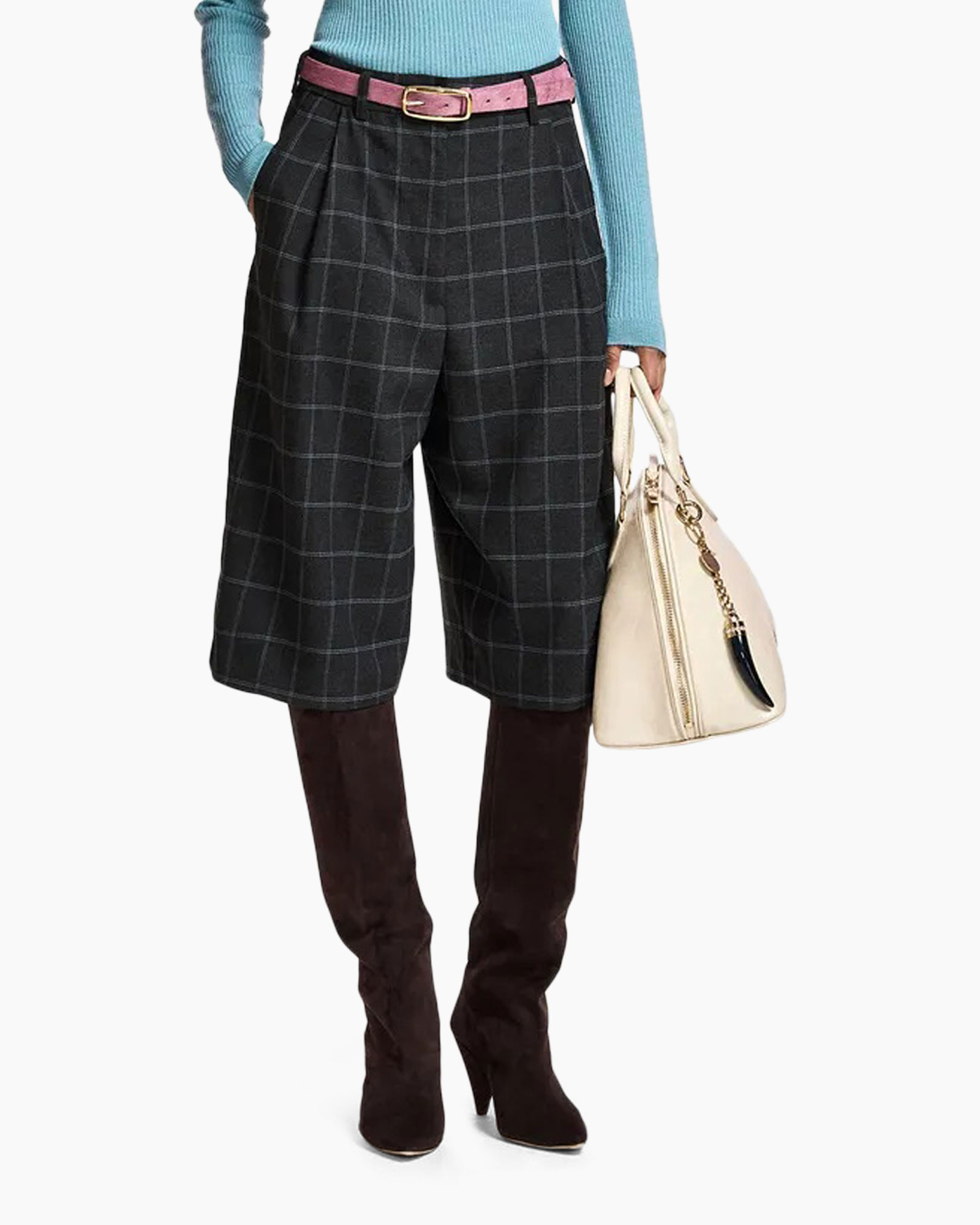 skirt, plaid, knee-length, boots, handbag