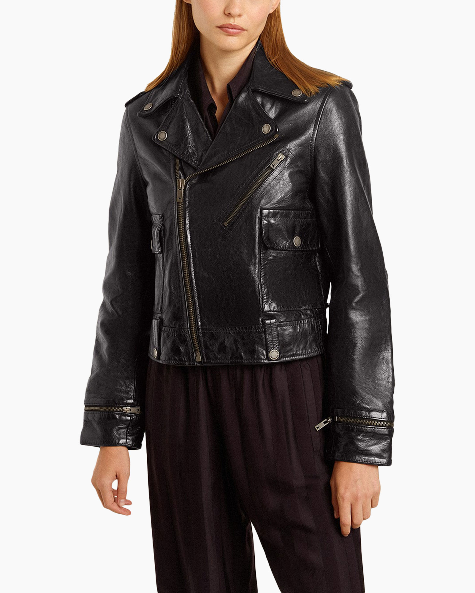 leather jacket, biker jacket, zipper, front pocket, silver hardware