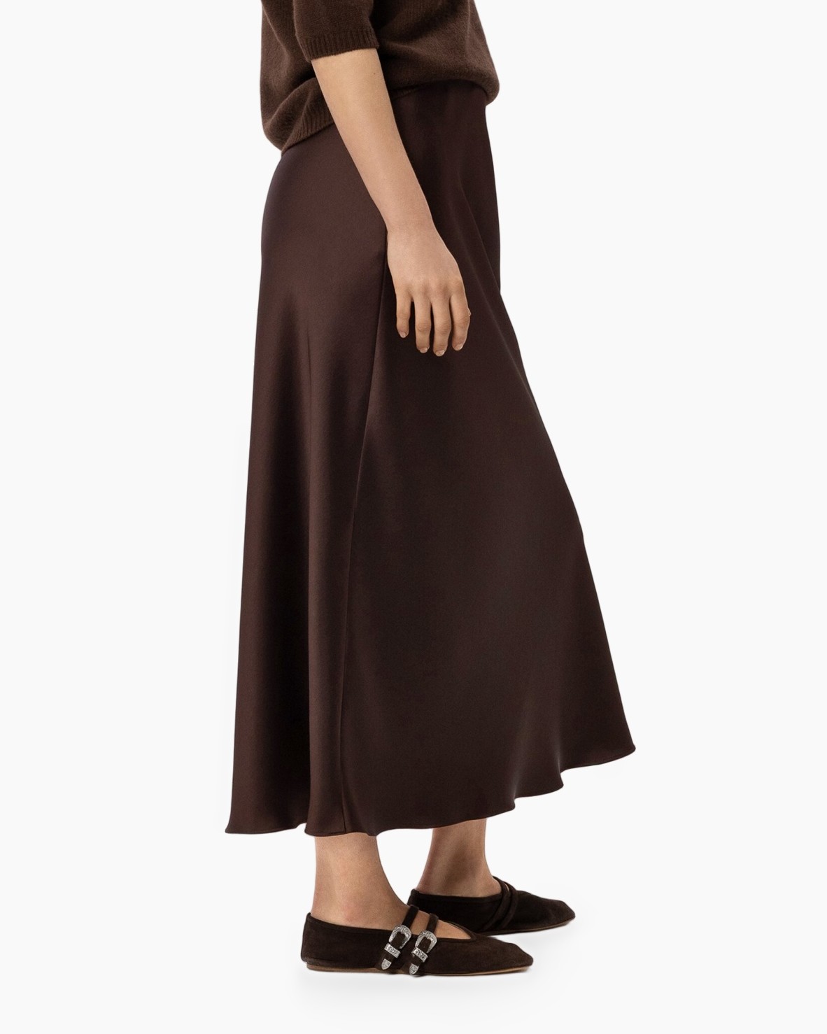 skirt, long, brown, satiny, slip-on flats