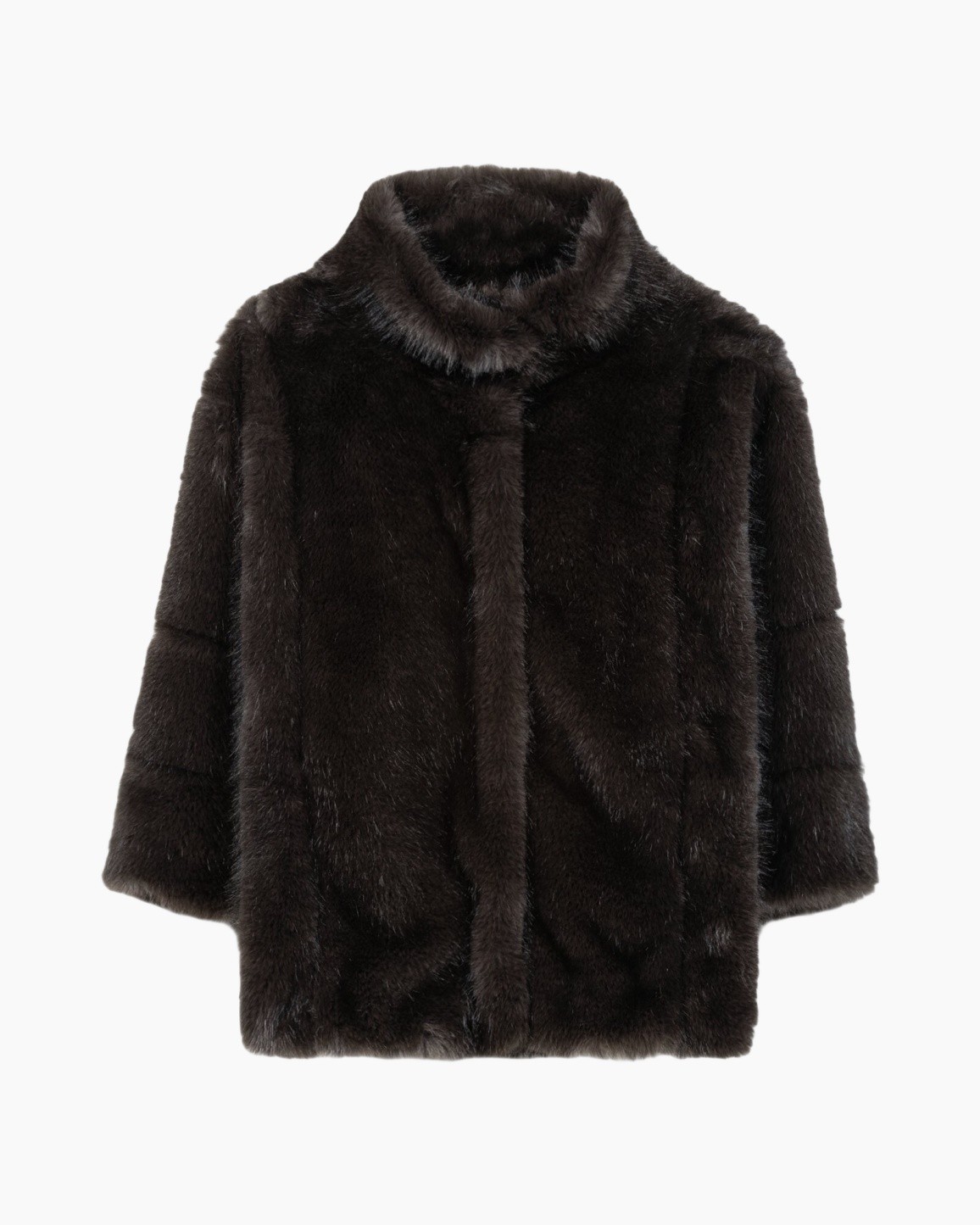 fur coat, black coat, long sleeve, collarless?, puffer style