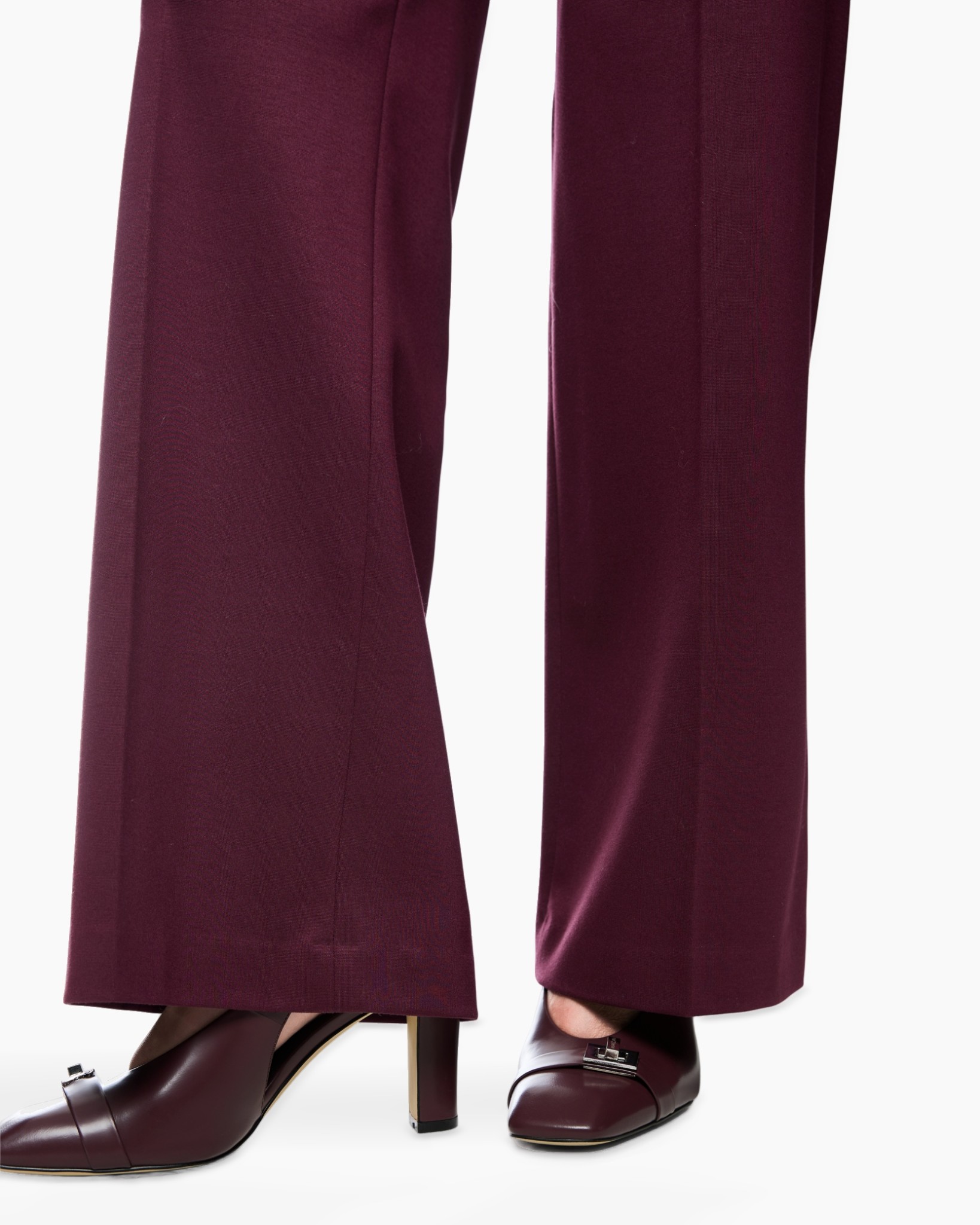 pants, trousers, burgundy, flared, heels