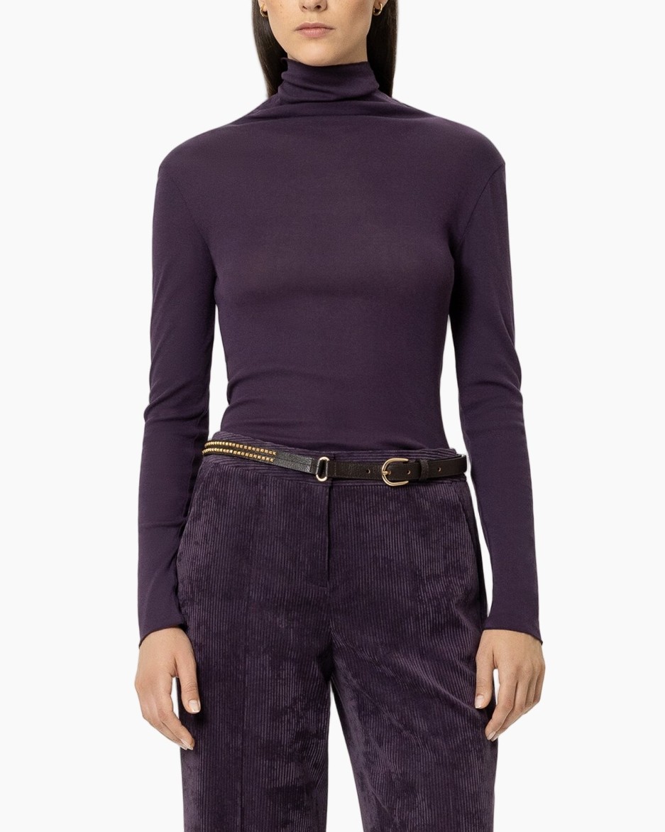 turtleneck, long-sleeve, purple, velvet, belted pants