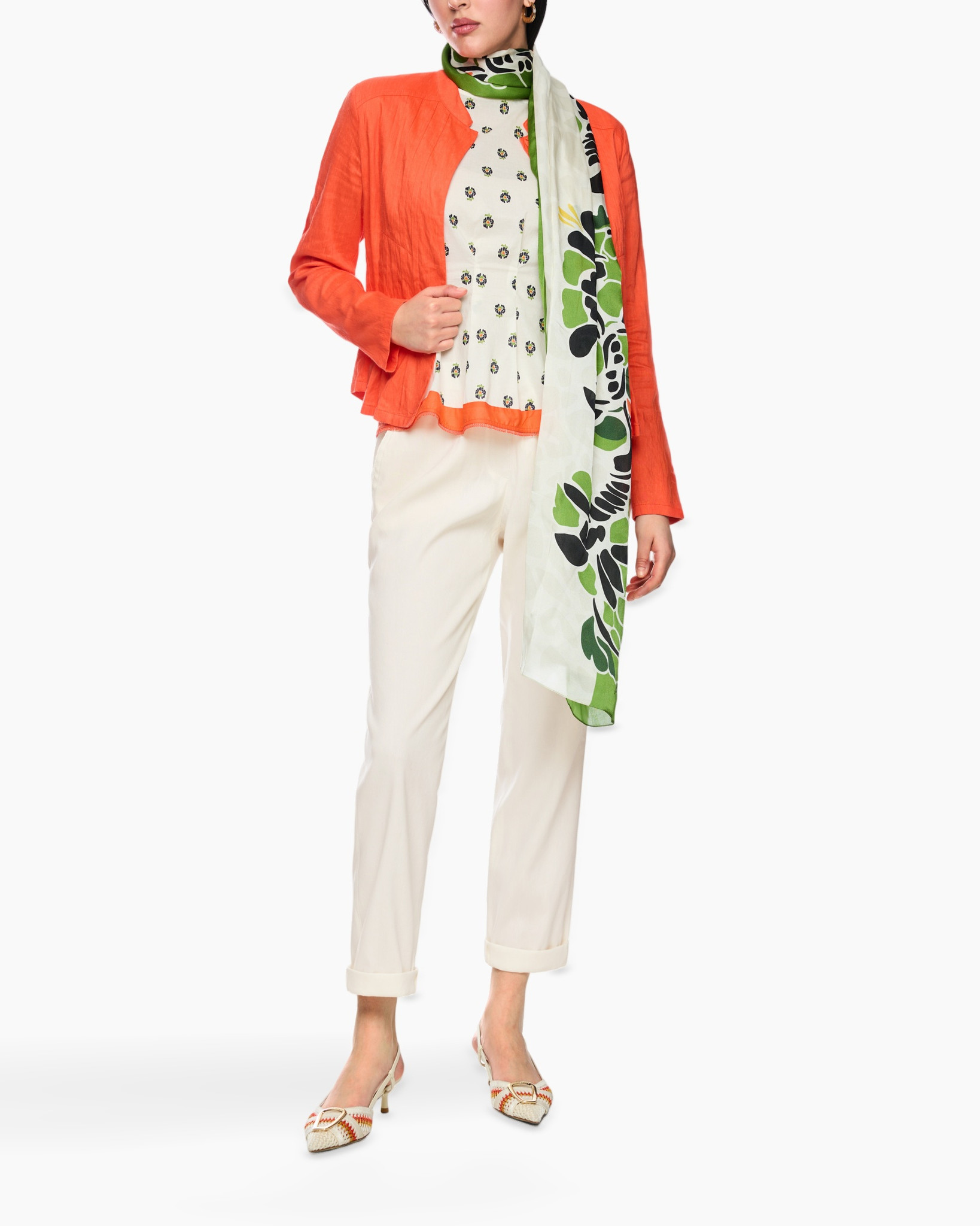 cardigan, orange, scarf, floral top, cream pants