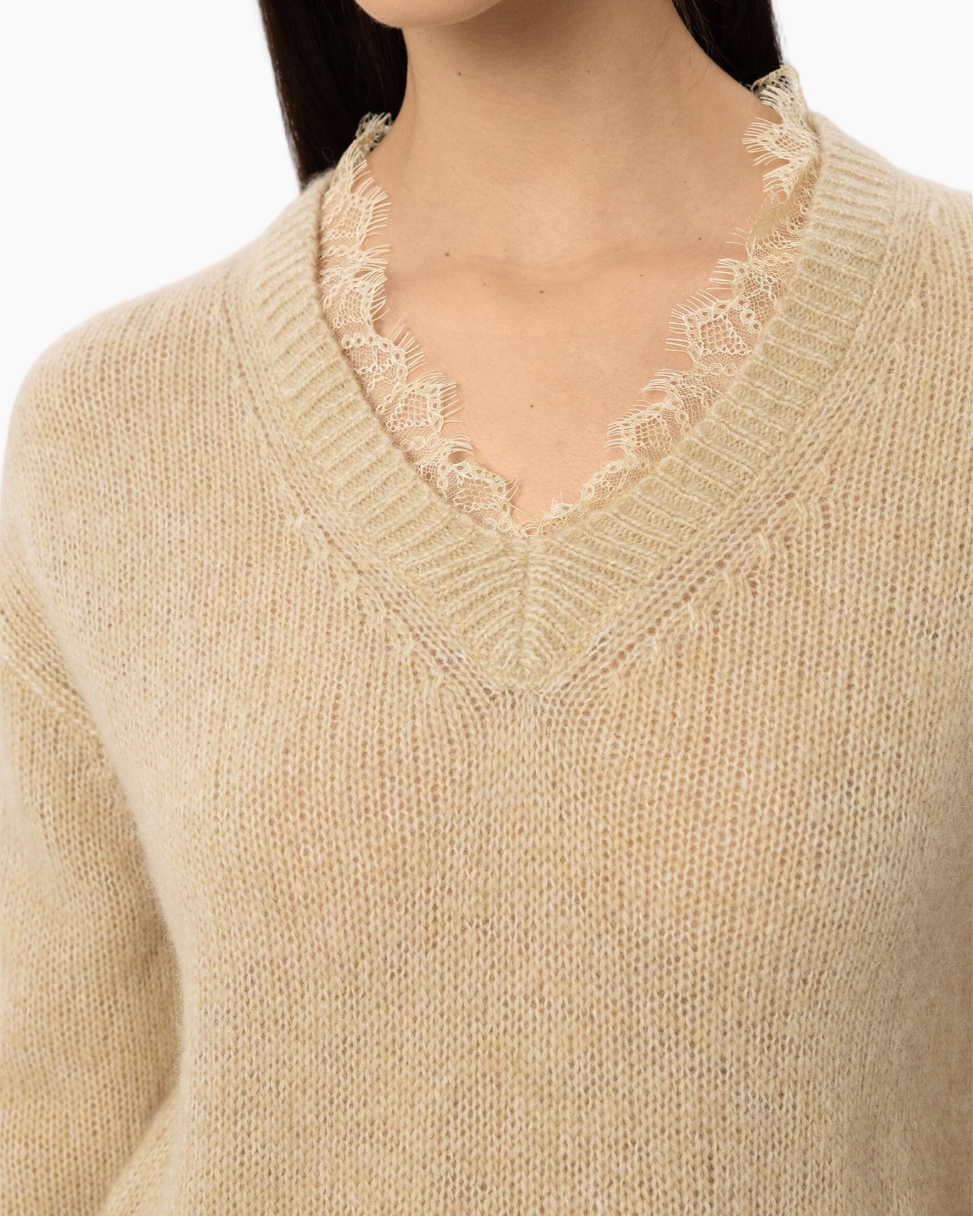 beige sweater, knitted top, v-neck, lace trim, soft knit