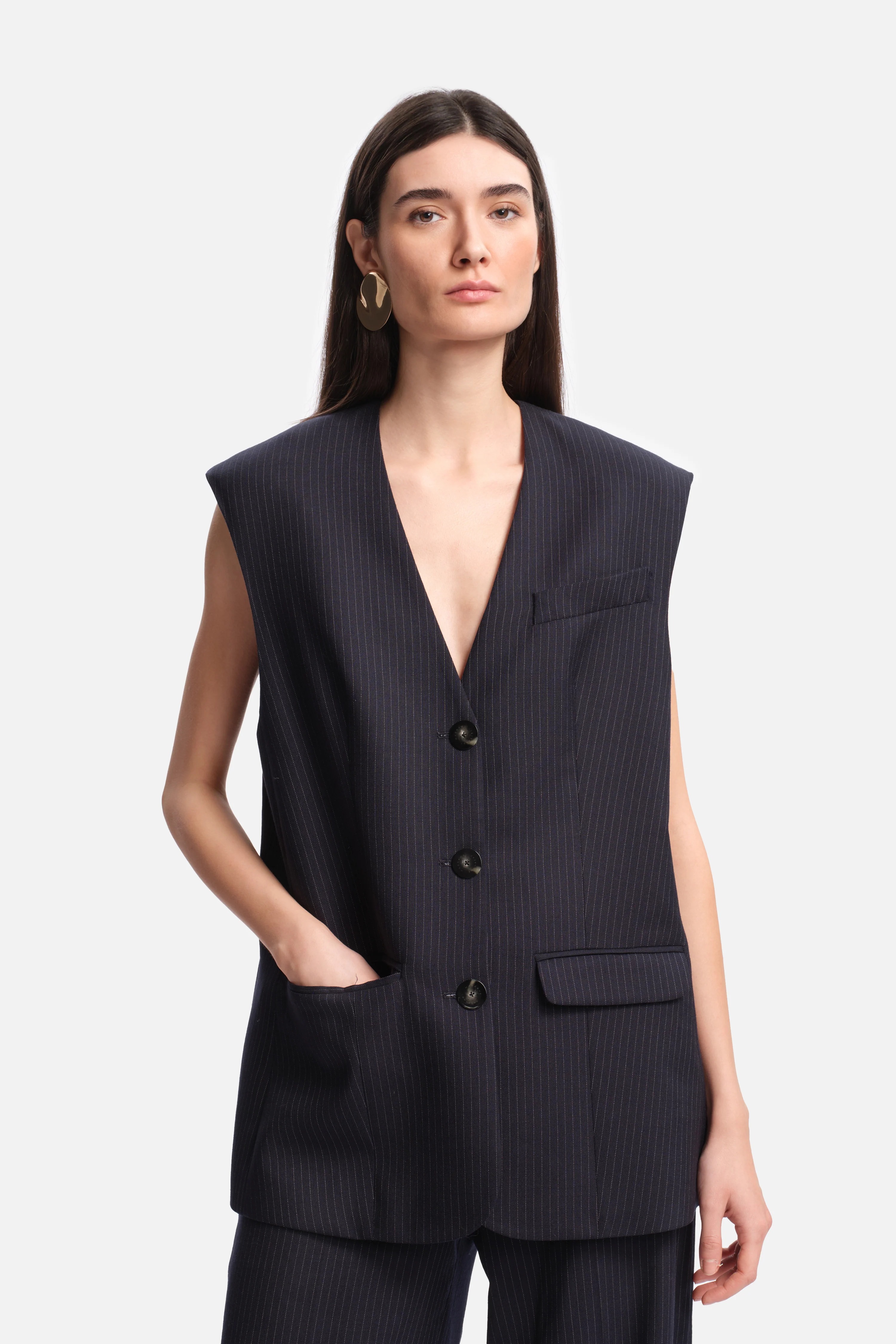 pinstripe, vest, blazer, sleeveless, pockets
