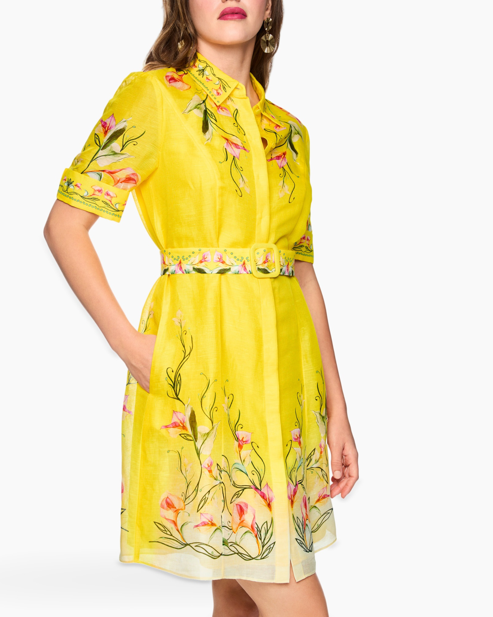 dress, yellow, floral, belt, short-sleeve