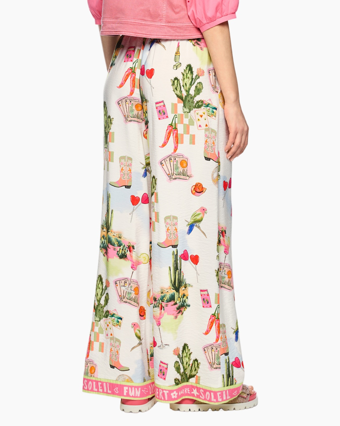 wide-leg pants, paisley print, desert motif, cactus pattern, pink trim