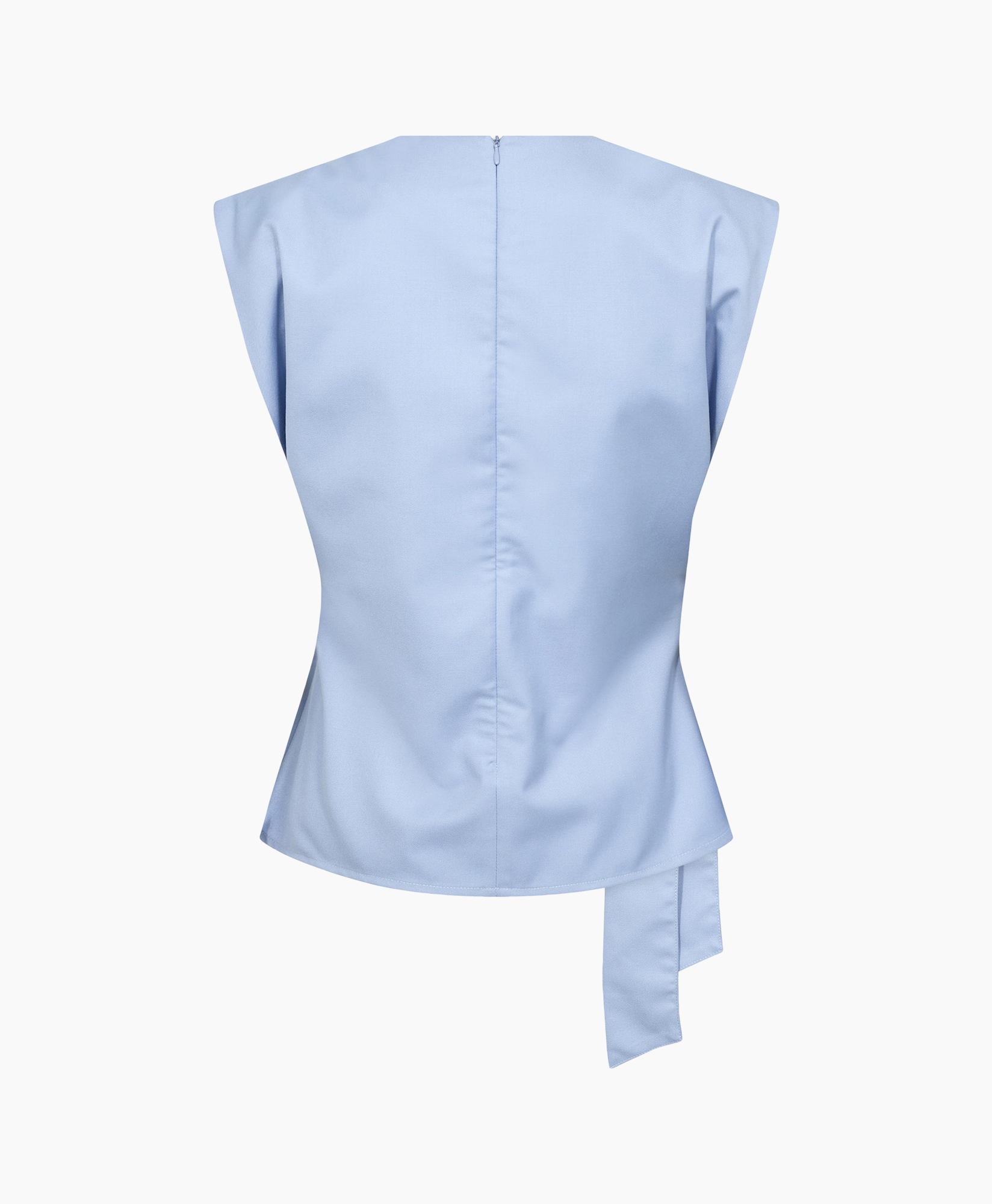 top, blouse, sleeveless, wrap, light blue