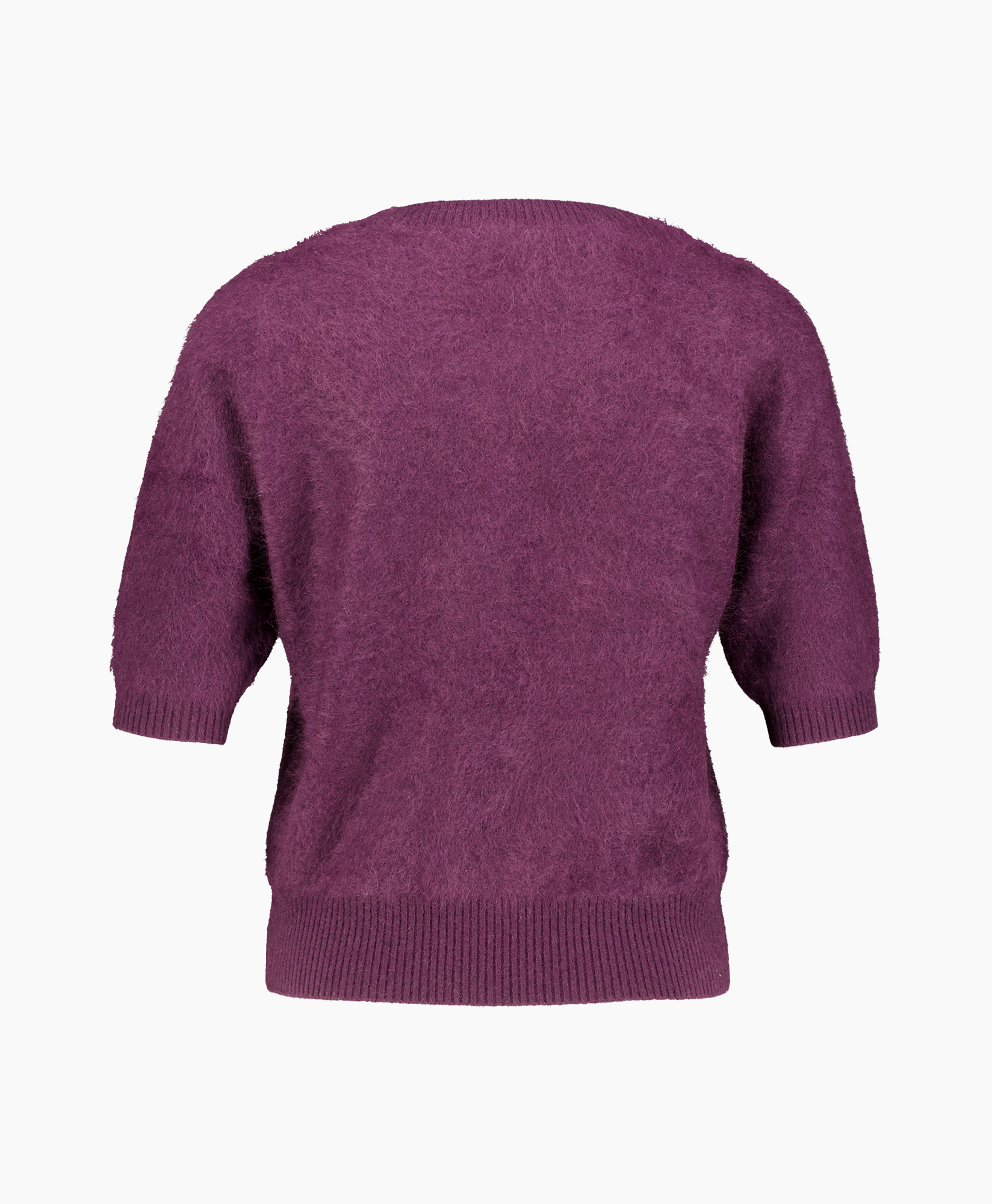 knit sweater, pullover, short sleeve, purple, fuzzy texture