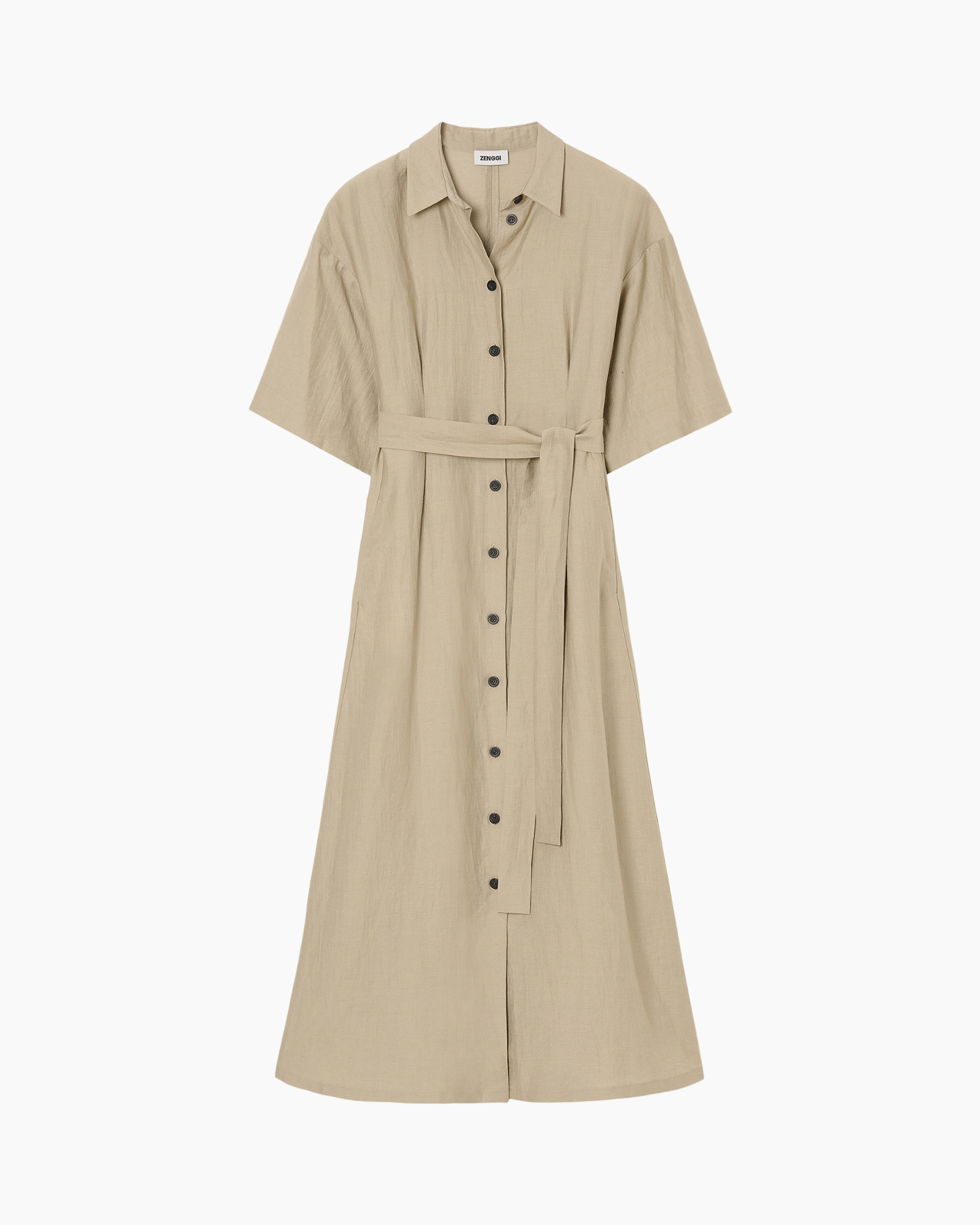 beige, shirt dress, button-down, belted, short sleeve