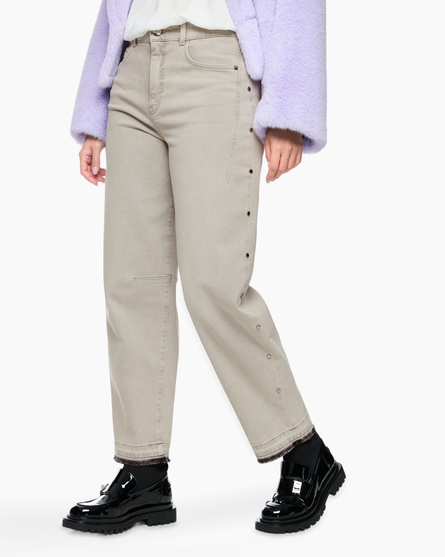 beige pants, wide-leg, button side, cargo-style, pockets