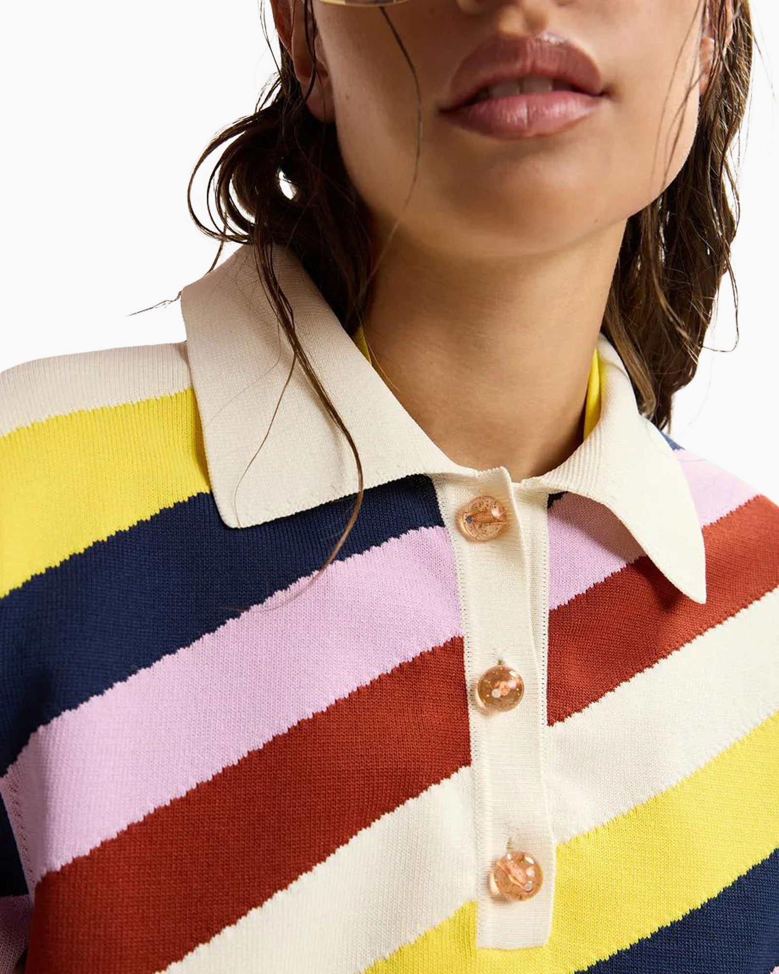 striped sweater, colorblock, collar, buttons, knitwear