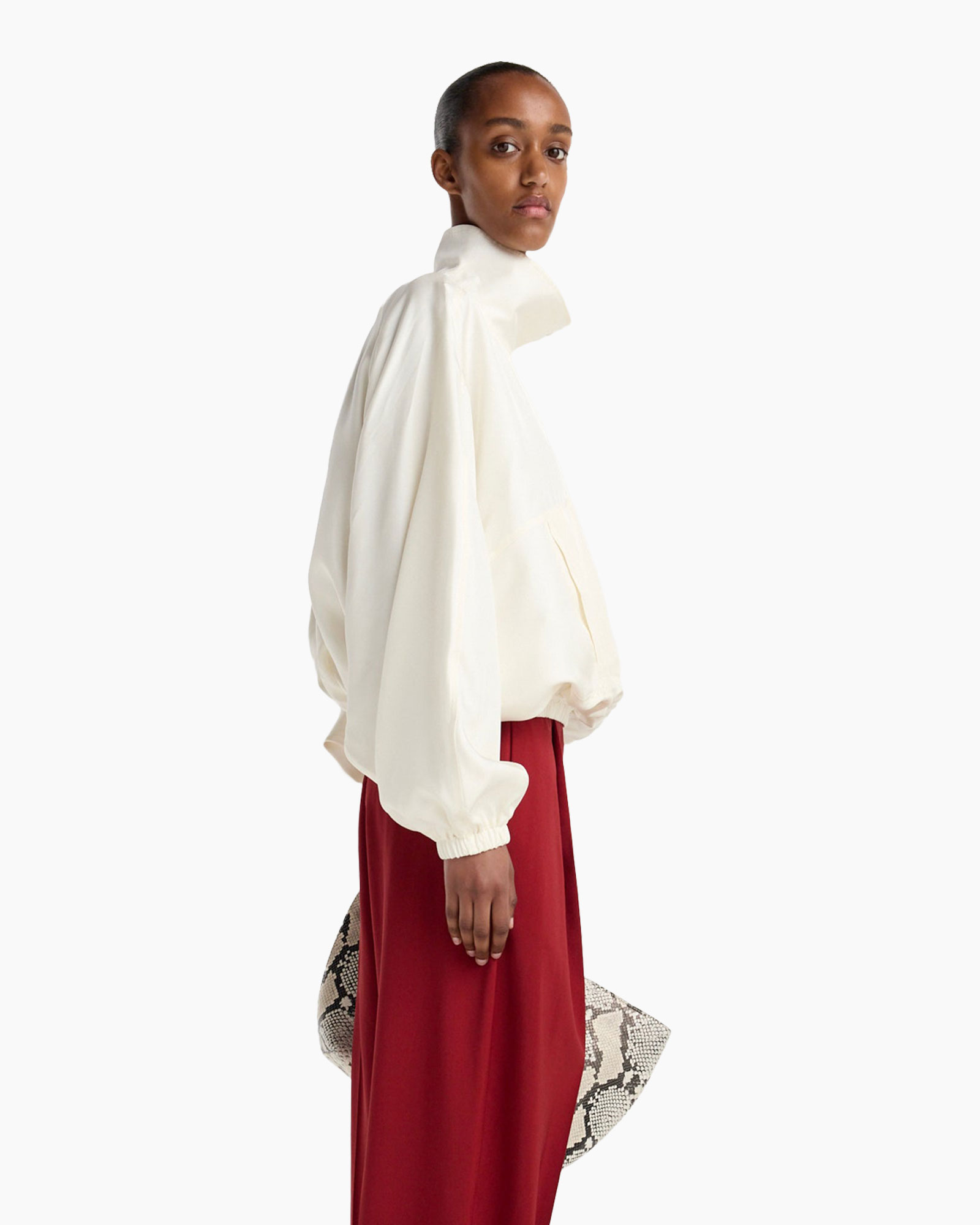 blouse, puff sleeve, high neck, cream, tuxedo blouse