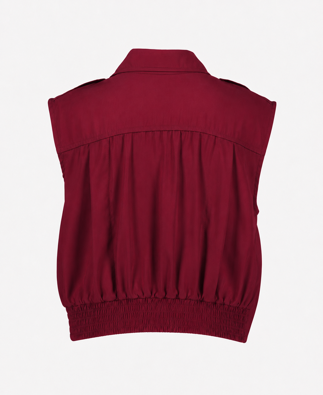 vest, sleeveless, smocked, burgundy, button-free