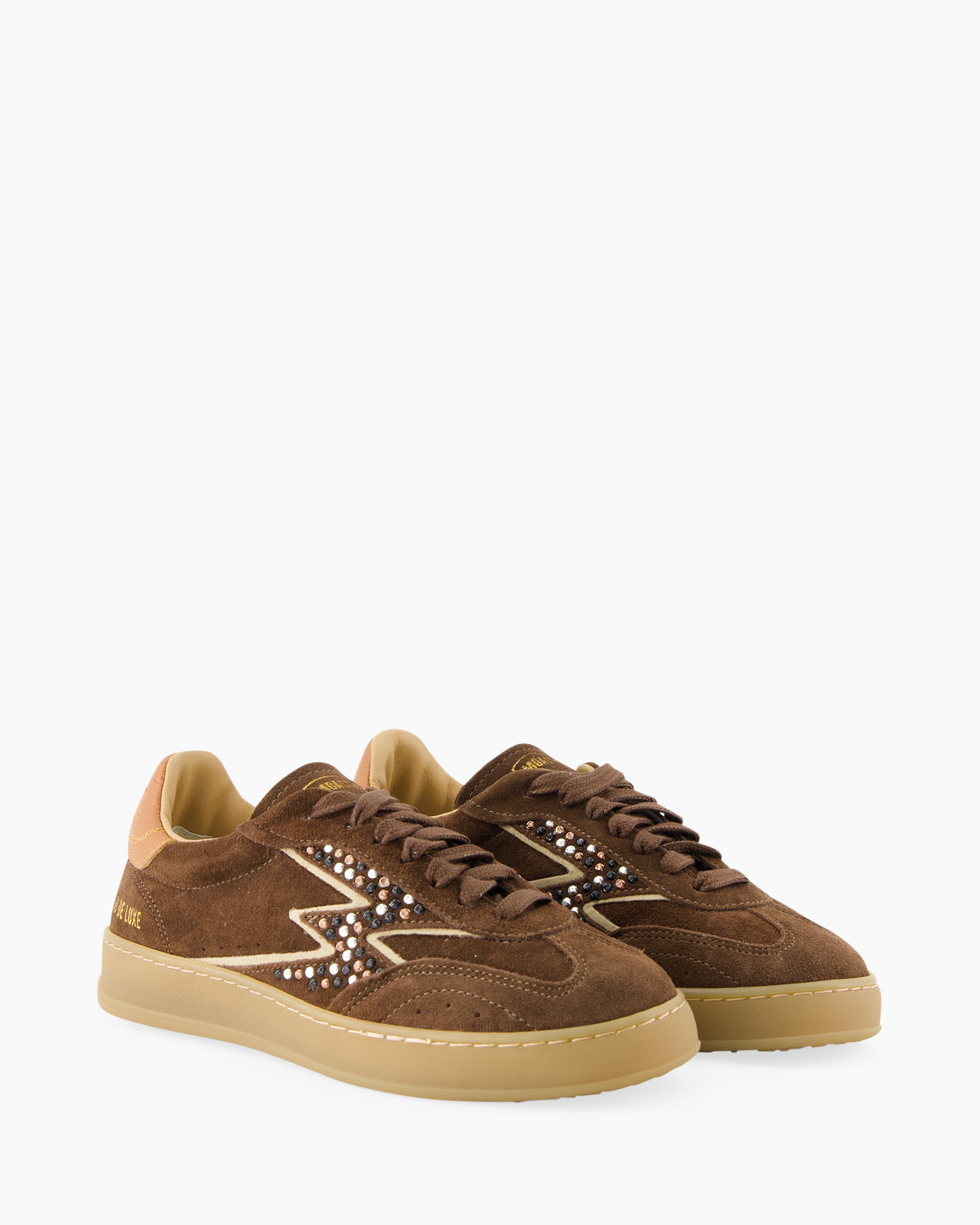 sneaker, brown, suede, low-top, embellished, glitter, studded, gum sole, sport, casual