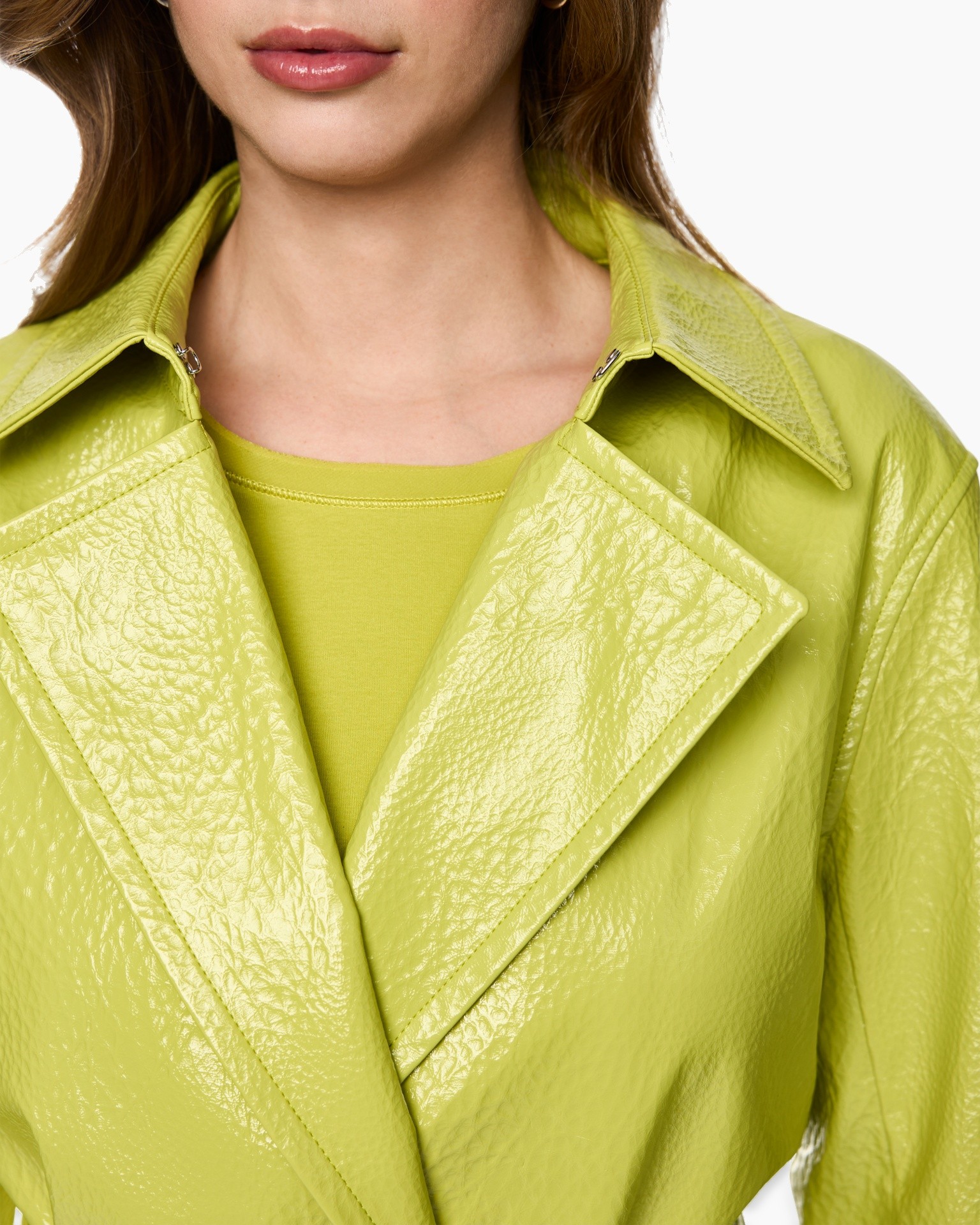 leather jacket, lime green, collar, double-breasted, texture