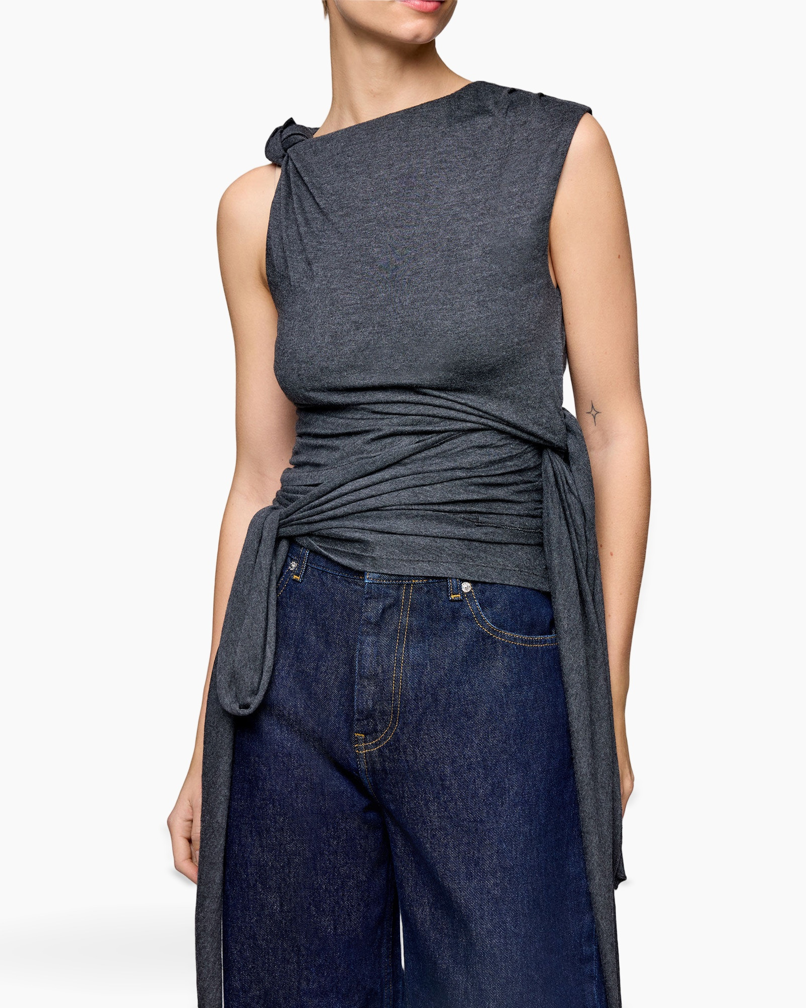 top, knotted, sleeveless, gray, wrap