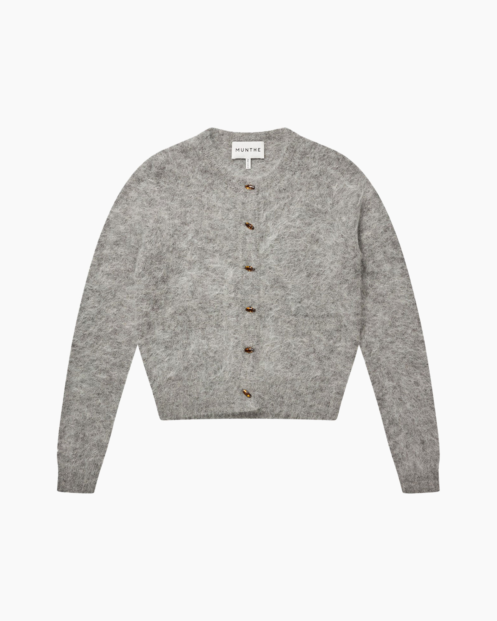 cardigan, knit, gray, buttoned, crewneck