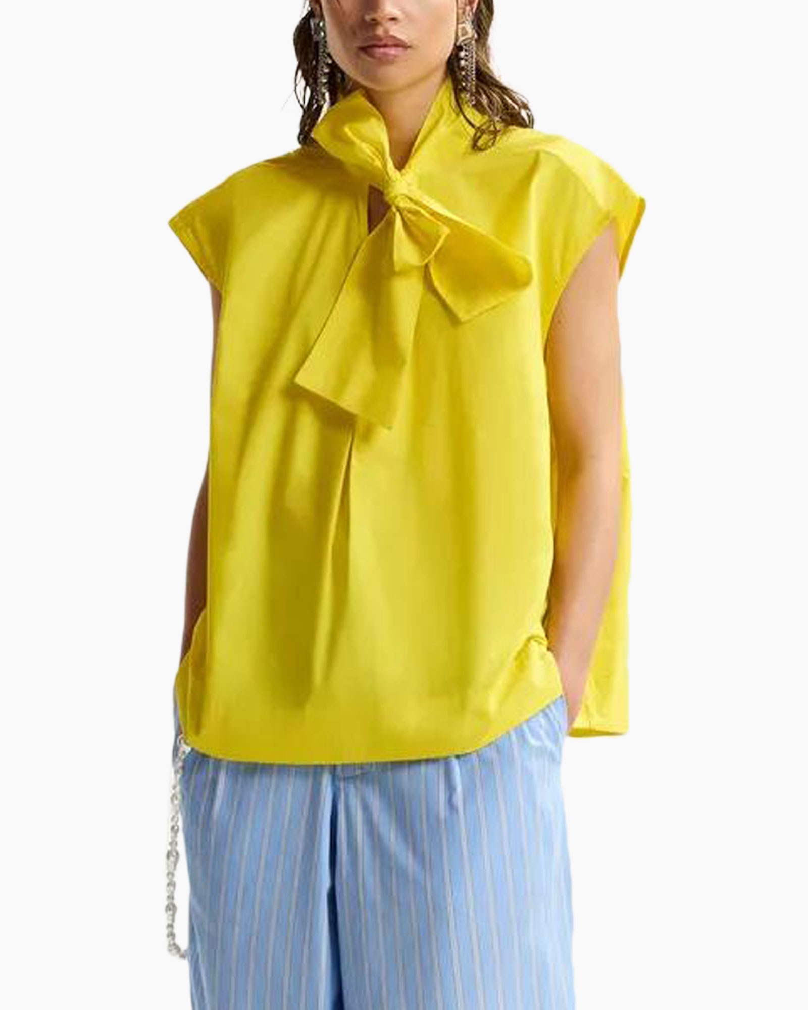 yellow blouse, short sleeves, bow tie, collared top, lightweight fabric
