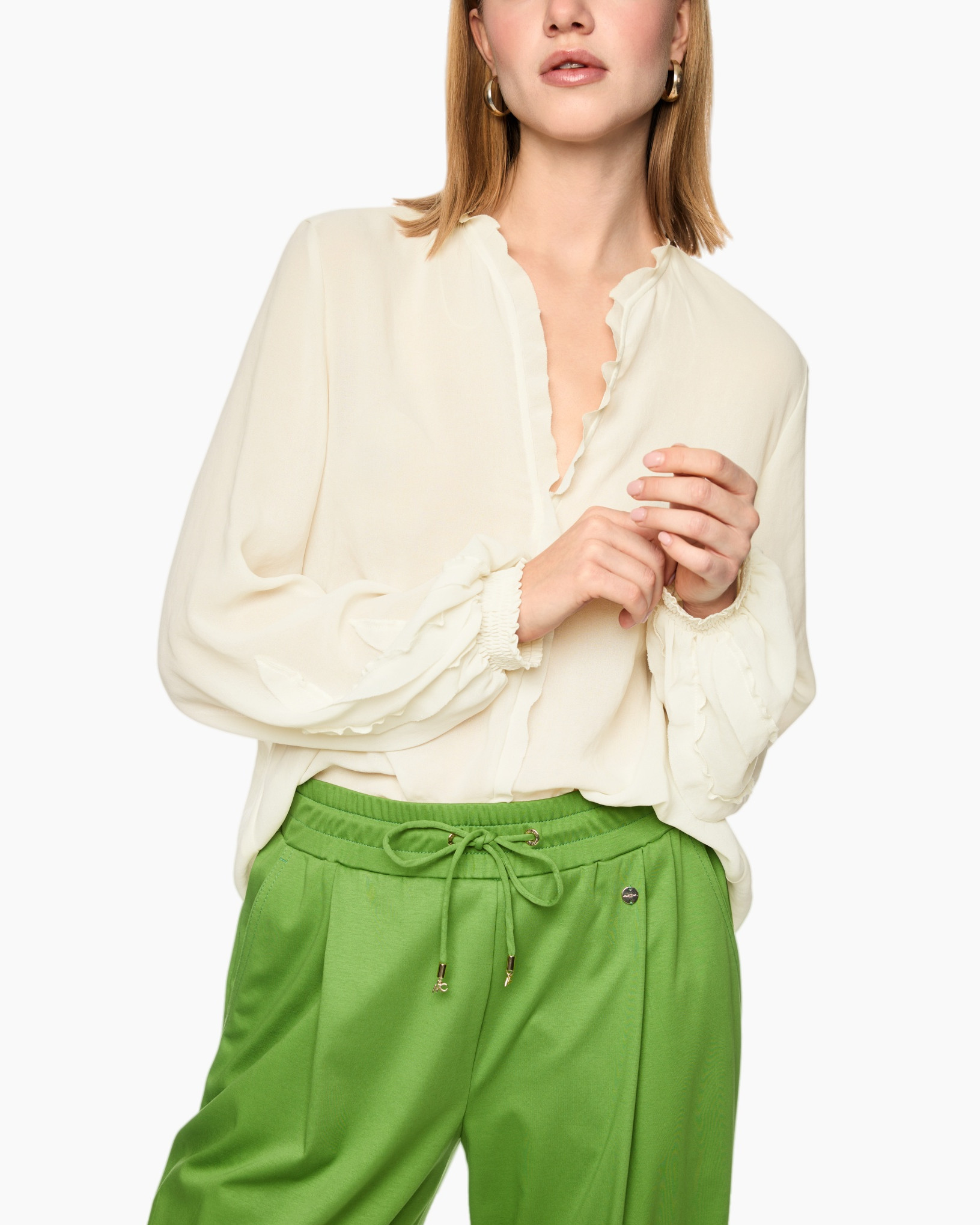 blouse, pleated, long-sleeve, cream, ruffled