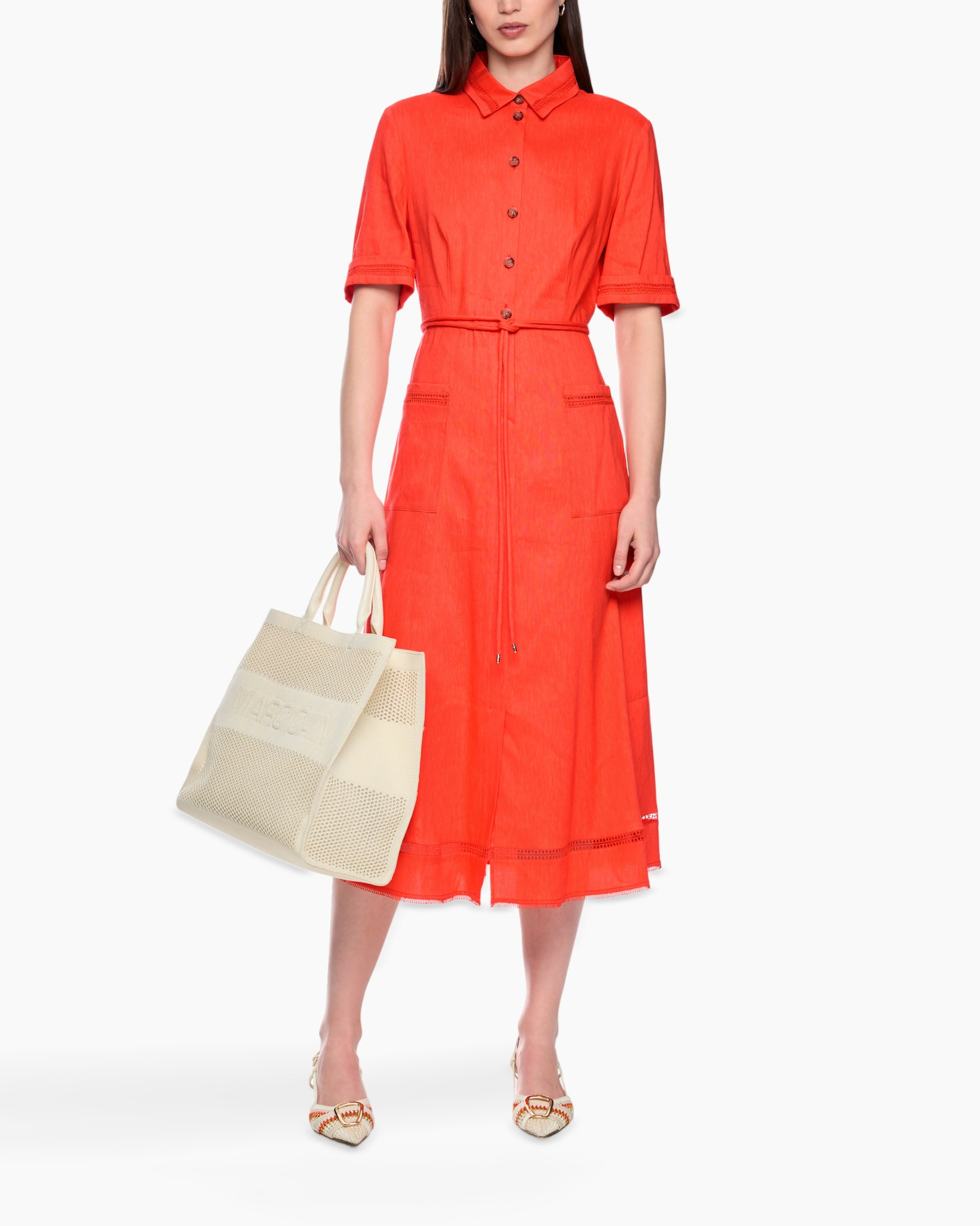 dress, mid-length, linen, collared, orange