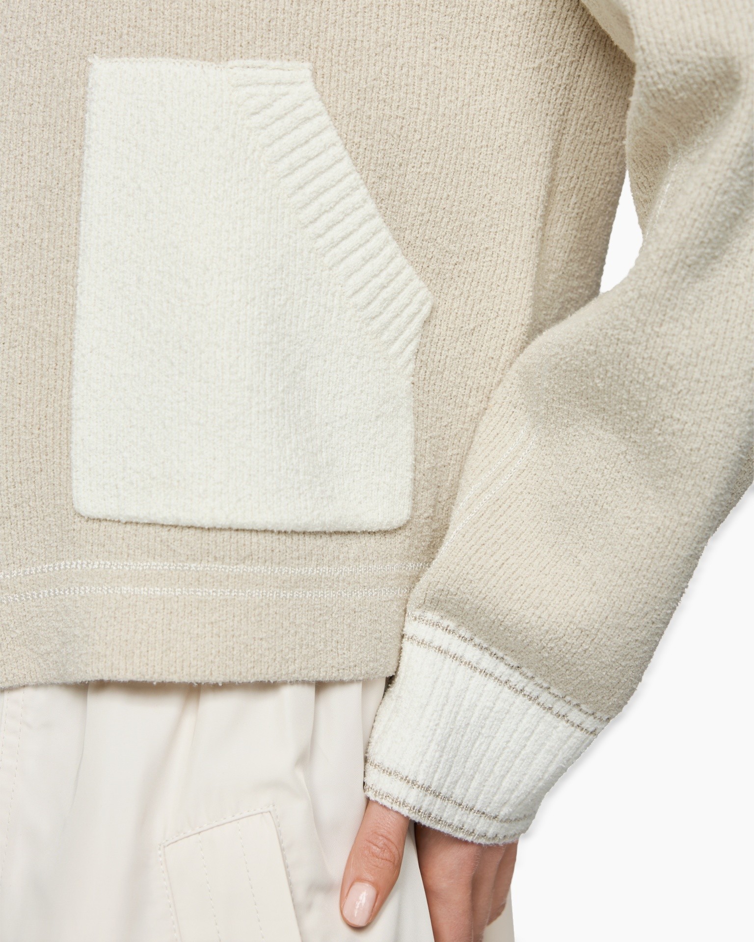 sweater, knit, patch pocket, beige, long sleeve