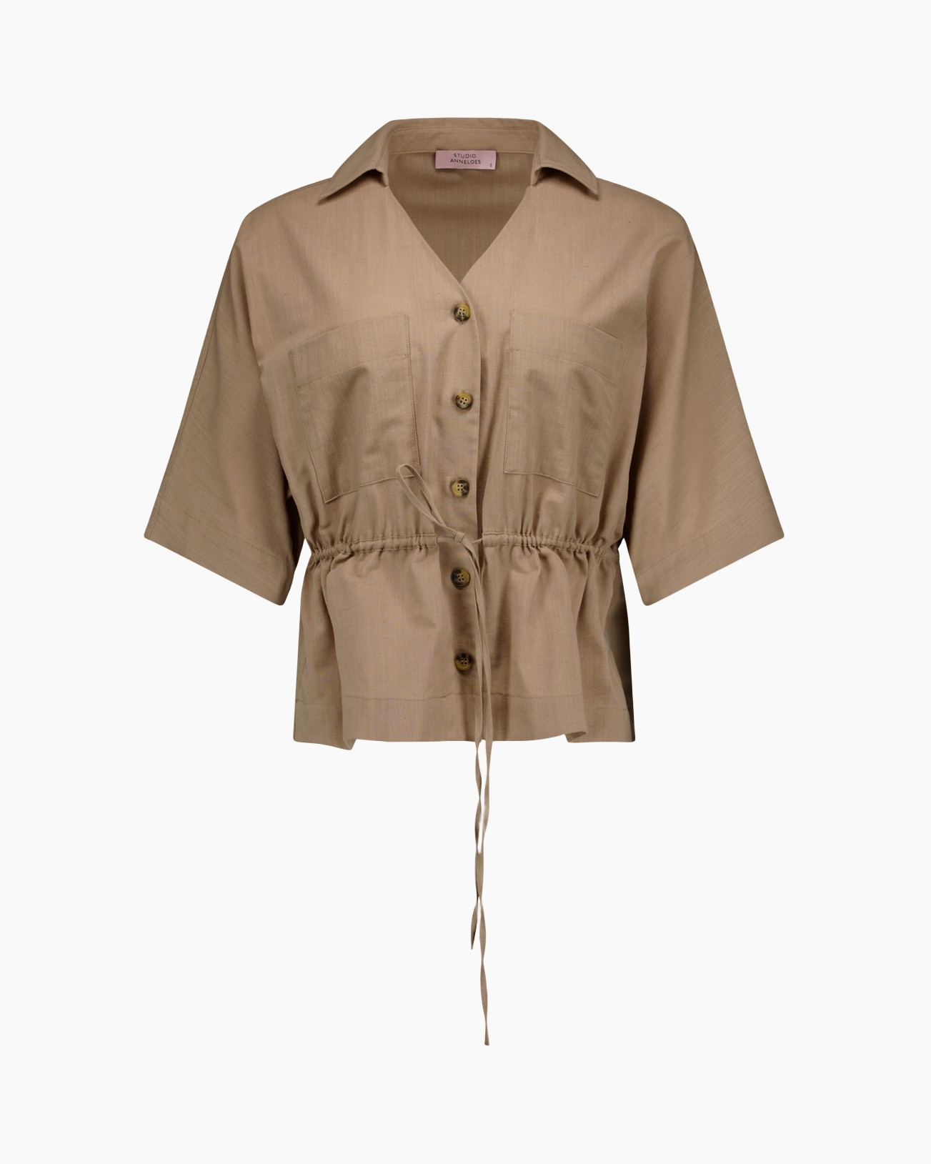 shirt, button-down, short-sleeve, drawstring, beige