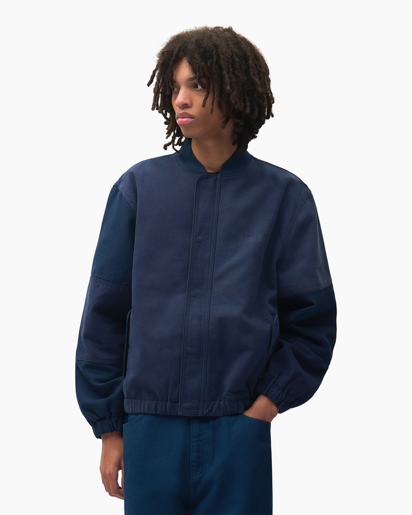 jacket, bomber, navy, long sleeves, solid color