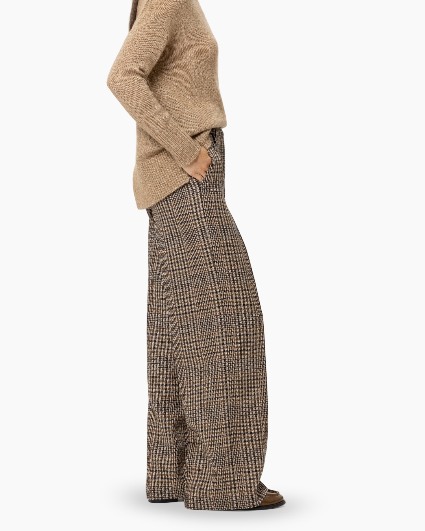 turtleneck, knit, beige, plaid trousers, wide-leg