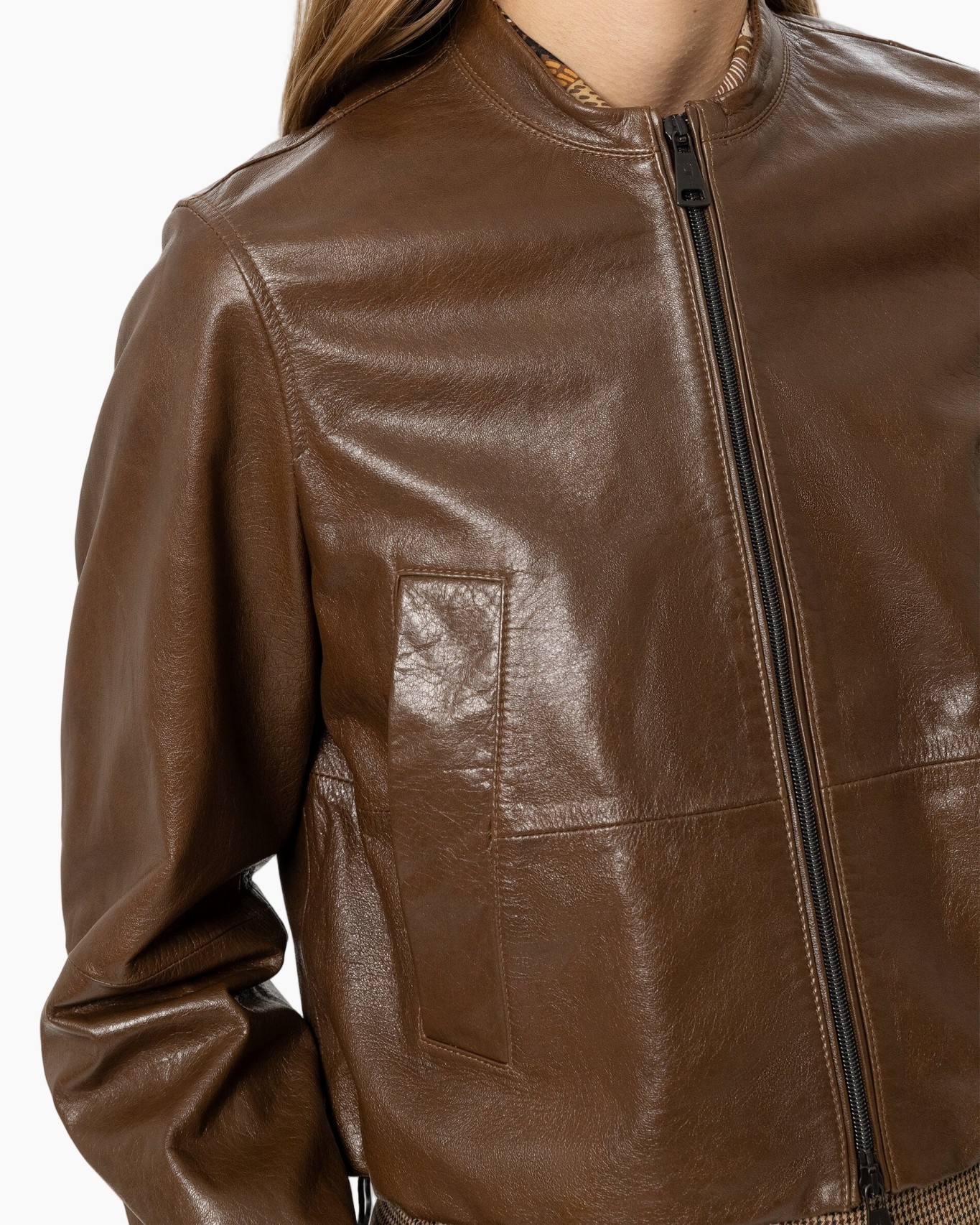 leather jacket, brown, zipper, pocket, collarless