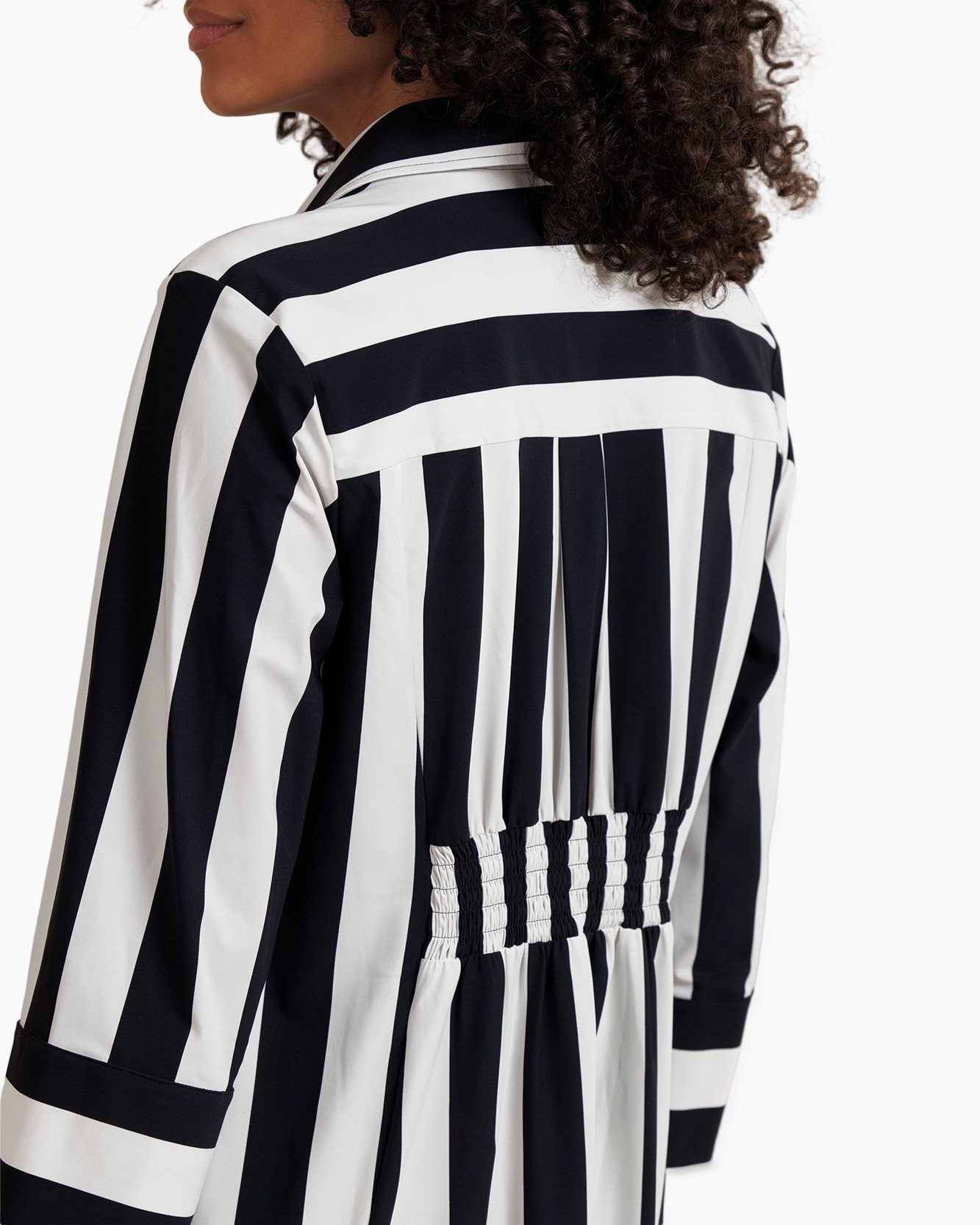 striped shirt, black-and-white, long sleeves, smocked waist, collared back