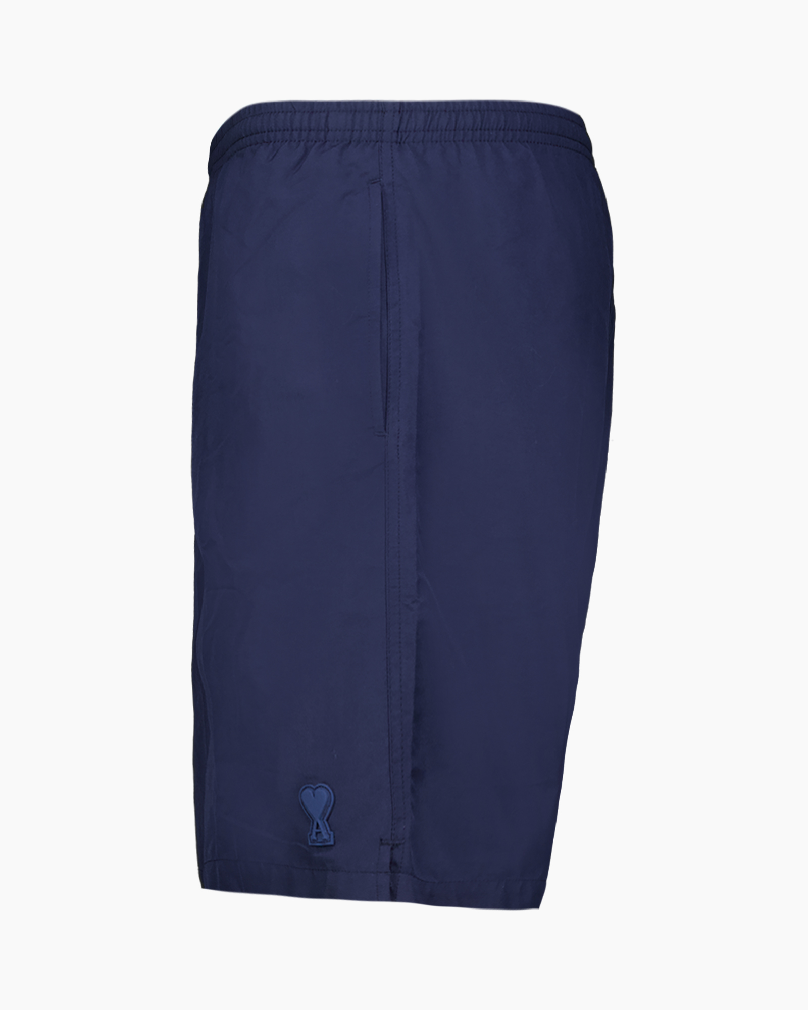 shorts, navy, elastic waistband, pocket, stitched emblem