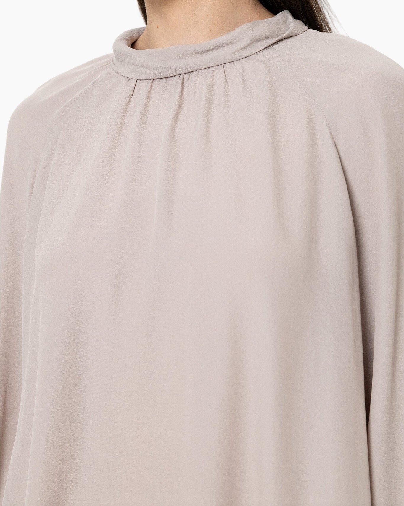 high-neck, gathered-neck, beige, modest-blouse, long-sleeve