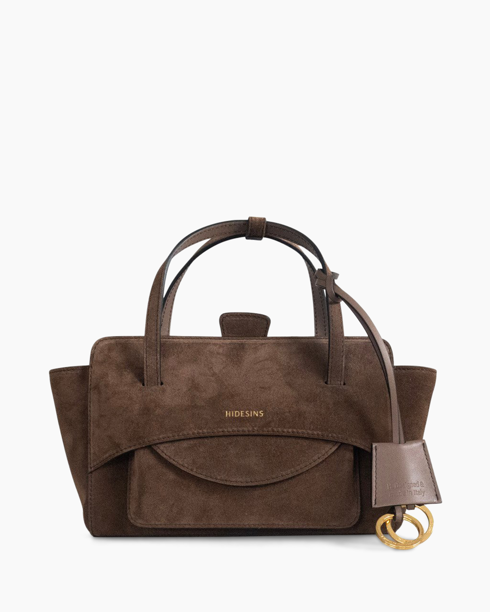 handbag, brown, suede, top-handle, pocketed