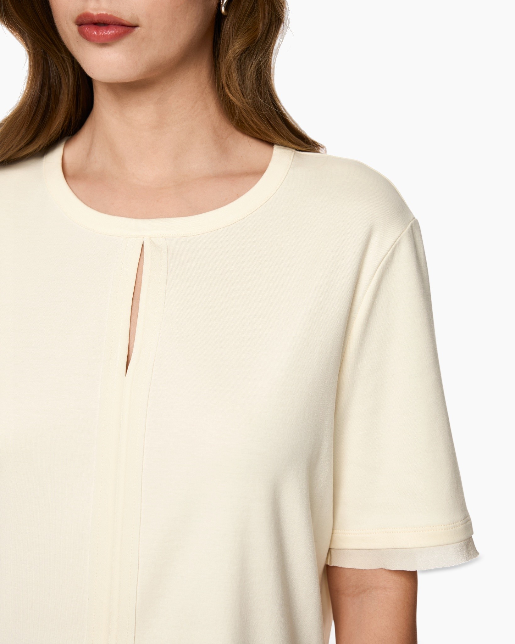 blouse, short sleeve, pleat, crew neck, beige