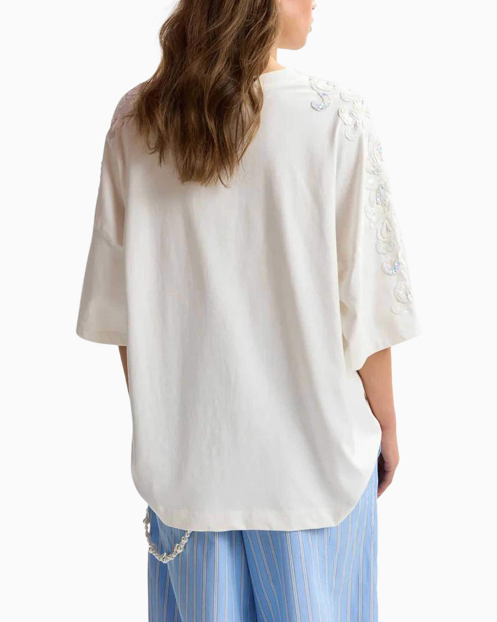 top, lace sleeve, beige, loose fit, embroidery