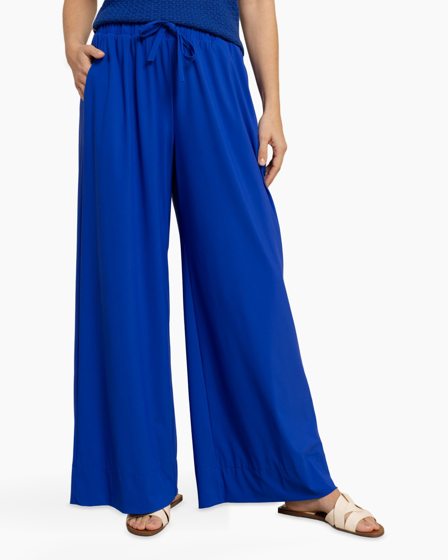 wide-leg pants, palazzo pants, elastic waist, drawstring, royal blue