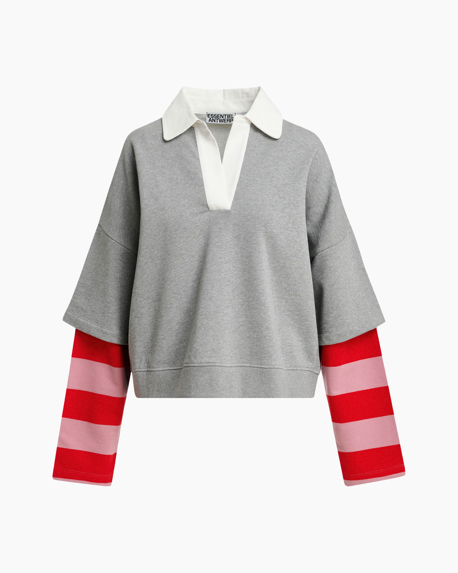 hoodie, gray, layered, wide-sleeve, striped-sleeves