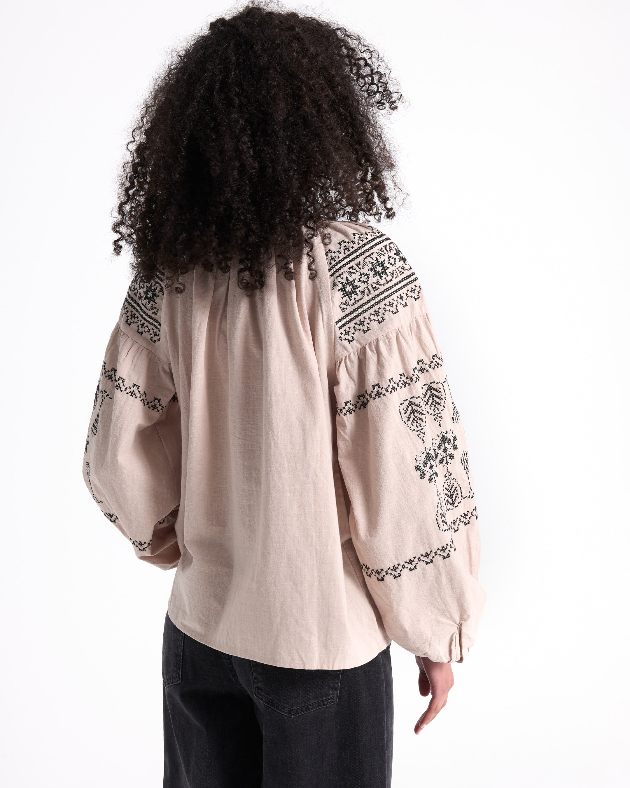 blouse, embroidery, puff sleeves, beige, top