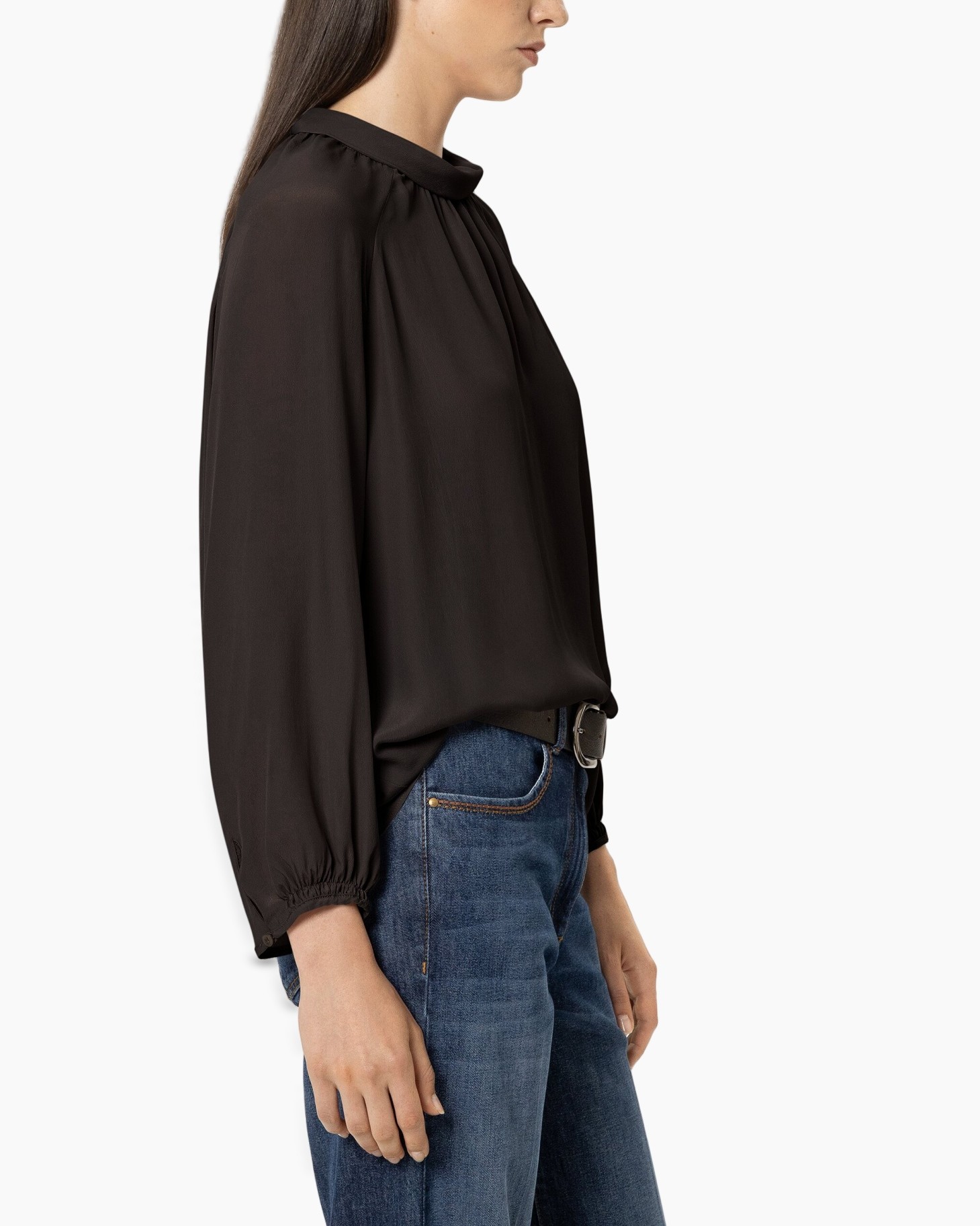 black blouse, long sleeves, crepe top, round neckline, women's top