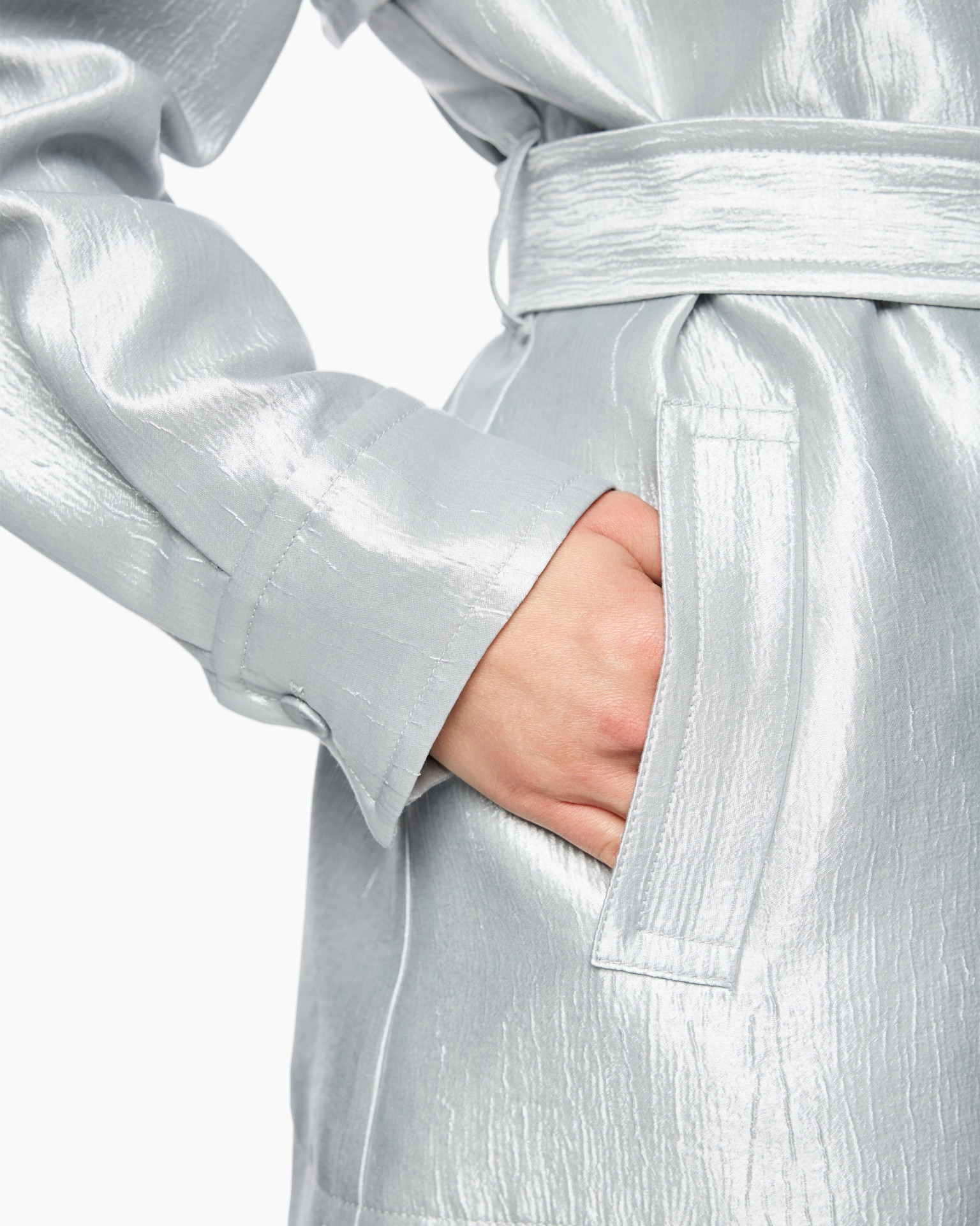 trench, belted, pocket, silver, glossy