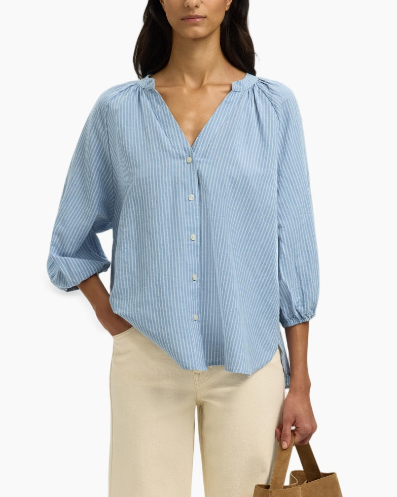blue striped shirt, linen look, button-down, long sleeve, v-neck