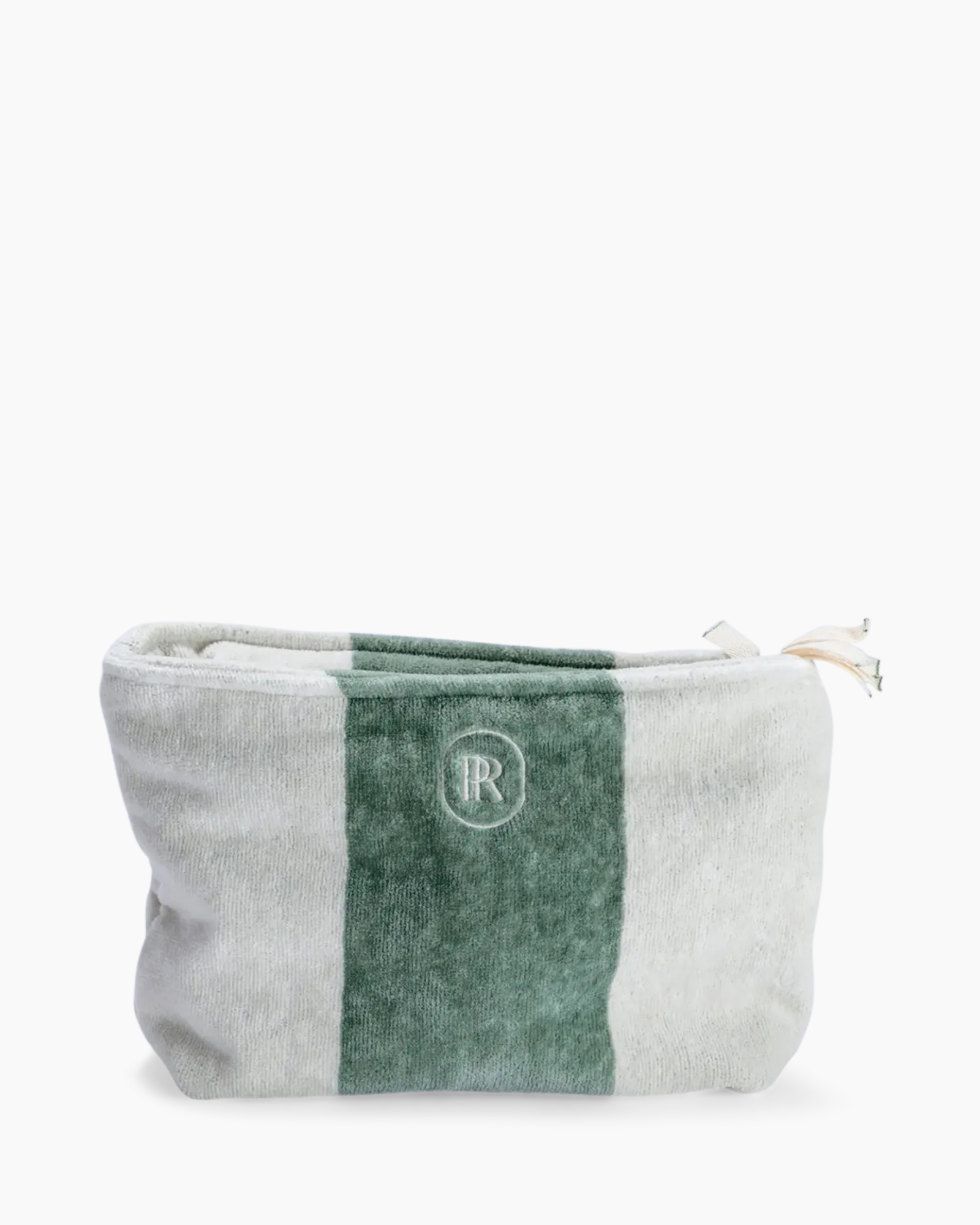 bath bag, pouch, zip pouch, cream green stripe, soft fabric