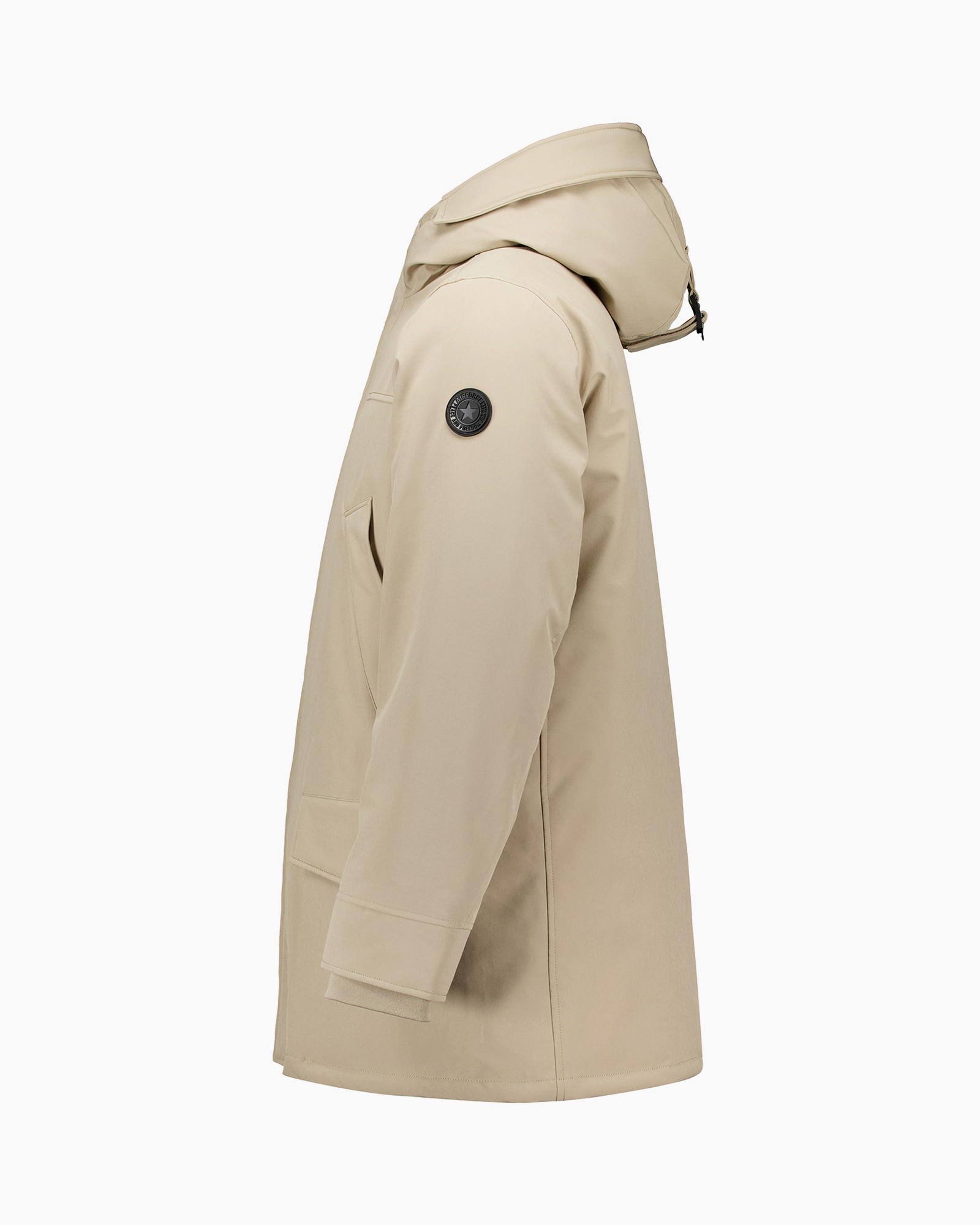 parka, beige, hooded, long-sleeve, pocket