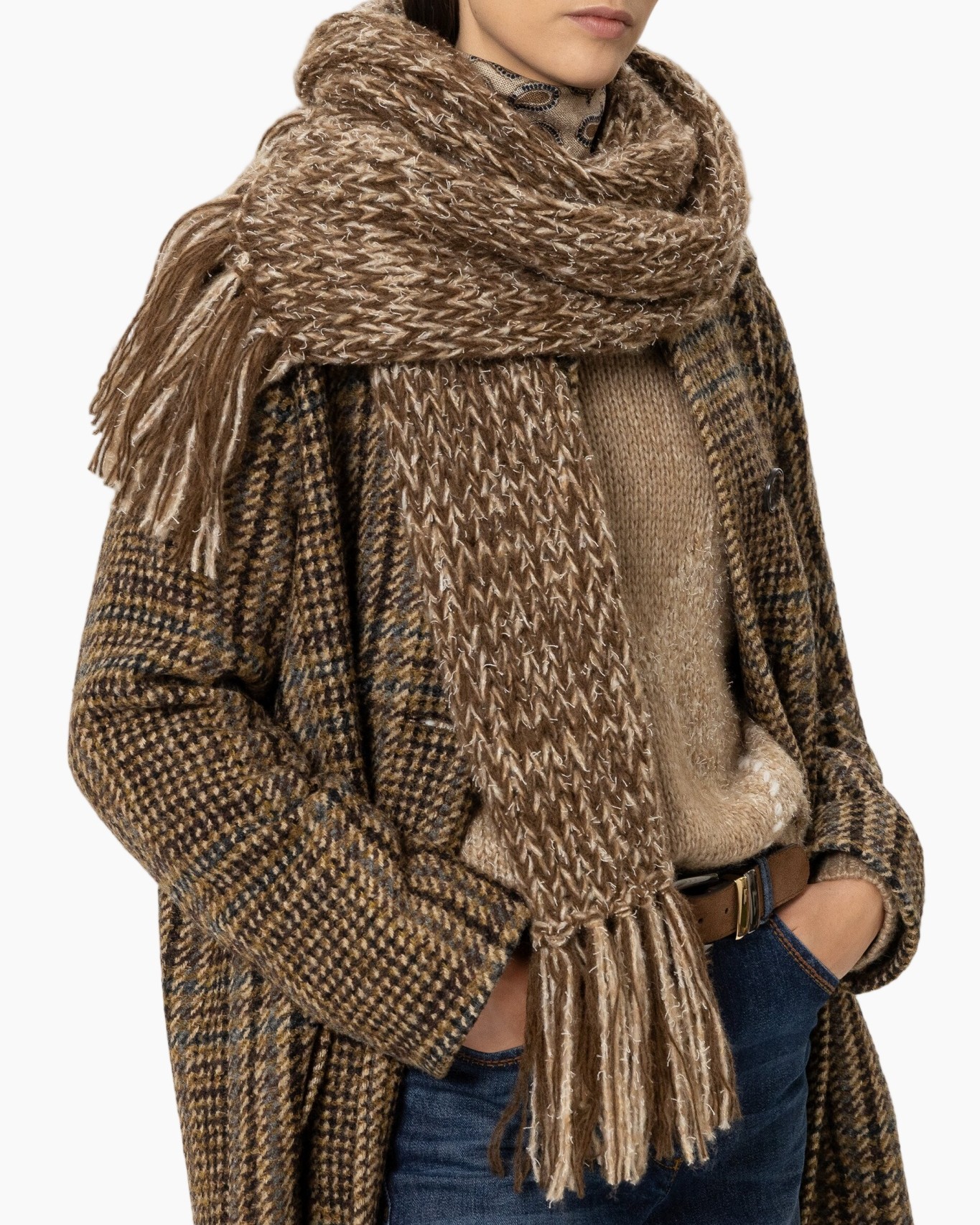 scarf, knit, brown, fringe, crochet-like weave