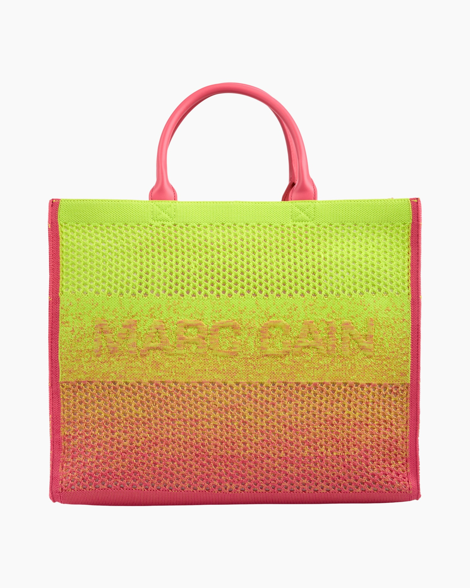tote bag, mesh bag, neon colors, pink handles, striped pattern