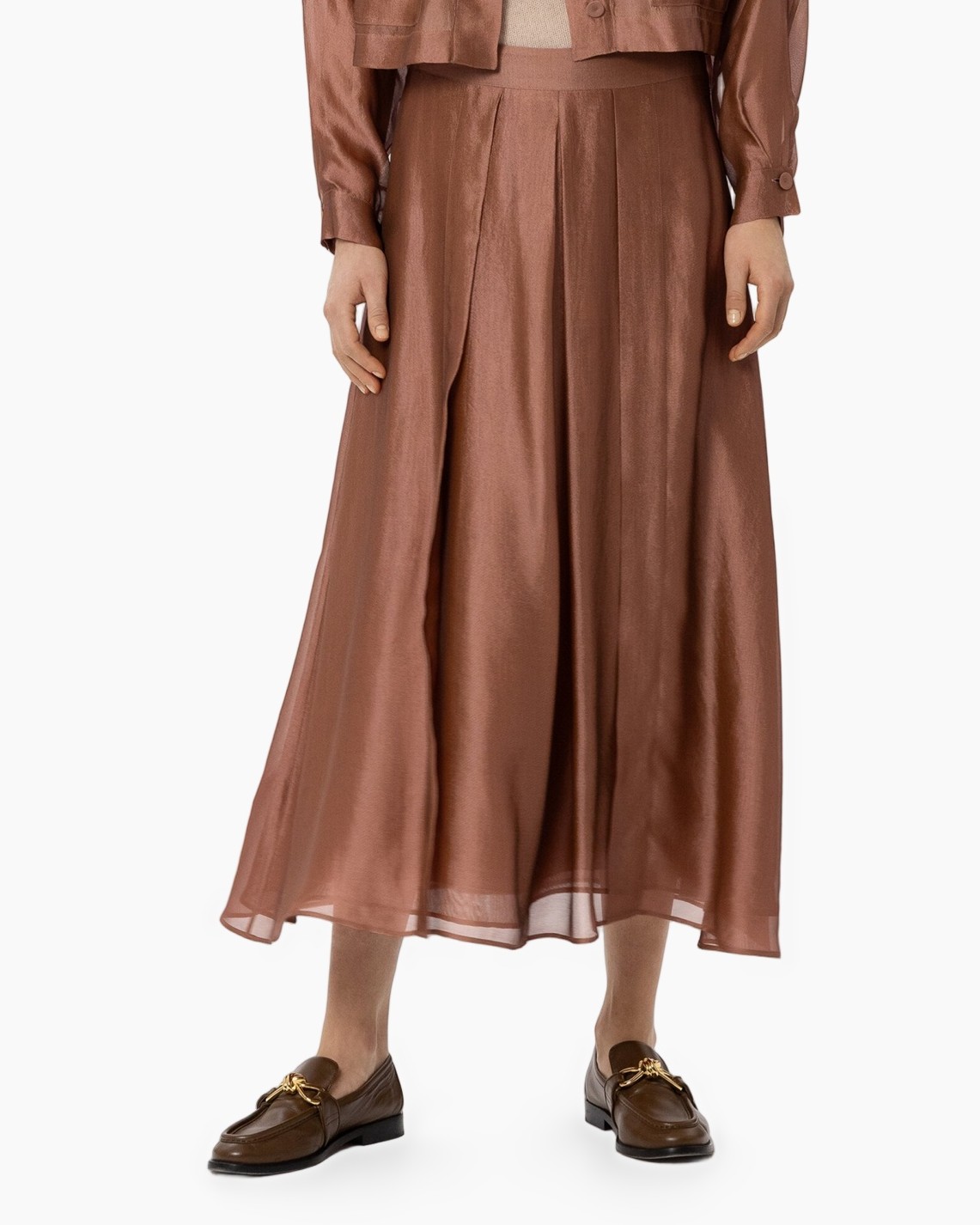 skirt, pleated, mid-length, brown, sheer