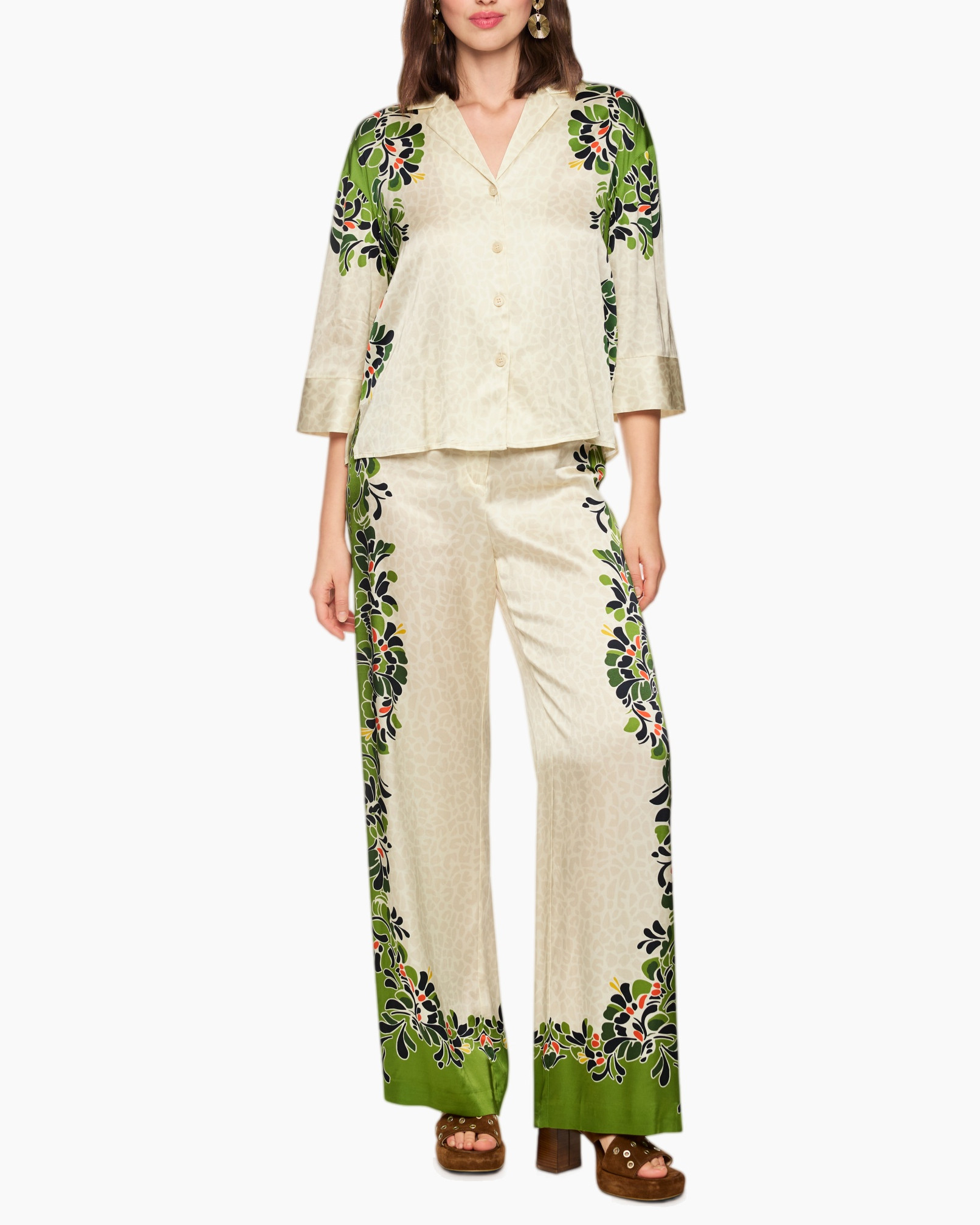 silk, pajama set, floral pattern, cream, wide-leg